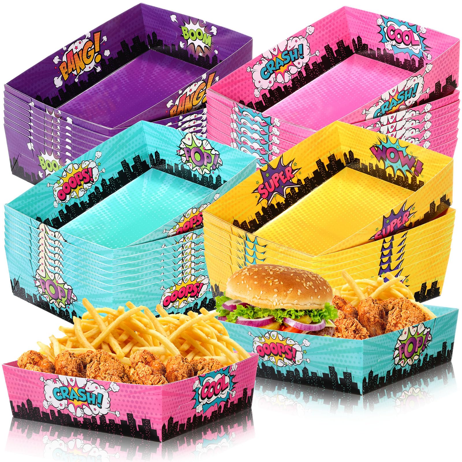 Sliner 48 Pcs Hero Theme Birthday Party Supplies 5Lb Large Hero Food Trays Party Favors Food Boats Snack Paper Trays for Birthday Decorations(Bright)