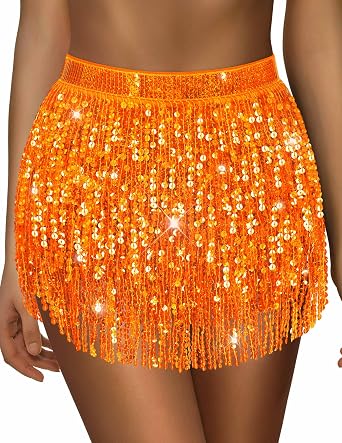 Sarfel Sequin Skirt for Women Sparkly Skirt for Women Shiny Tassel Skirts Glitter Belly Dance Hip Scarf Rave Outfit Halloween