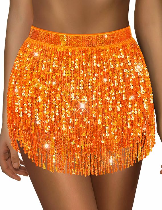 Sarfel Sequin Skirt for Women Sparkly Skirt for Women Shiny Tassel Skirts Glitter Belly Dance Hip Scarf Rave Outfit Halloween