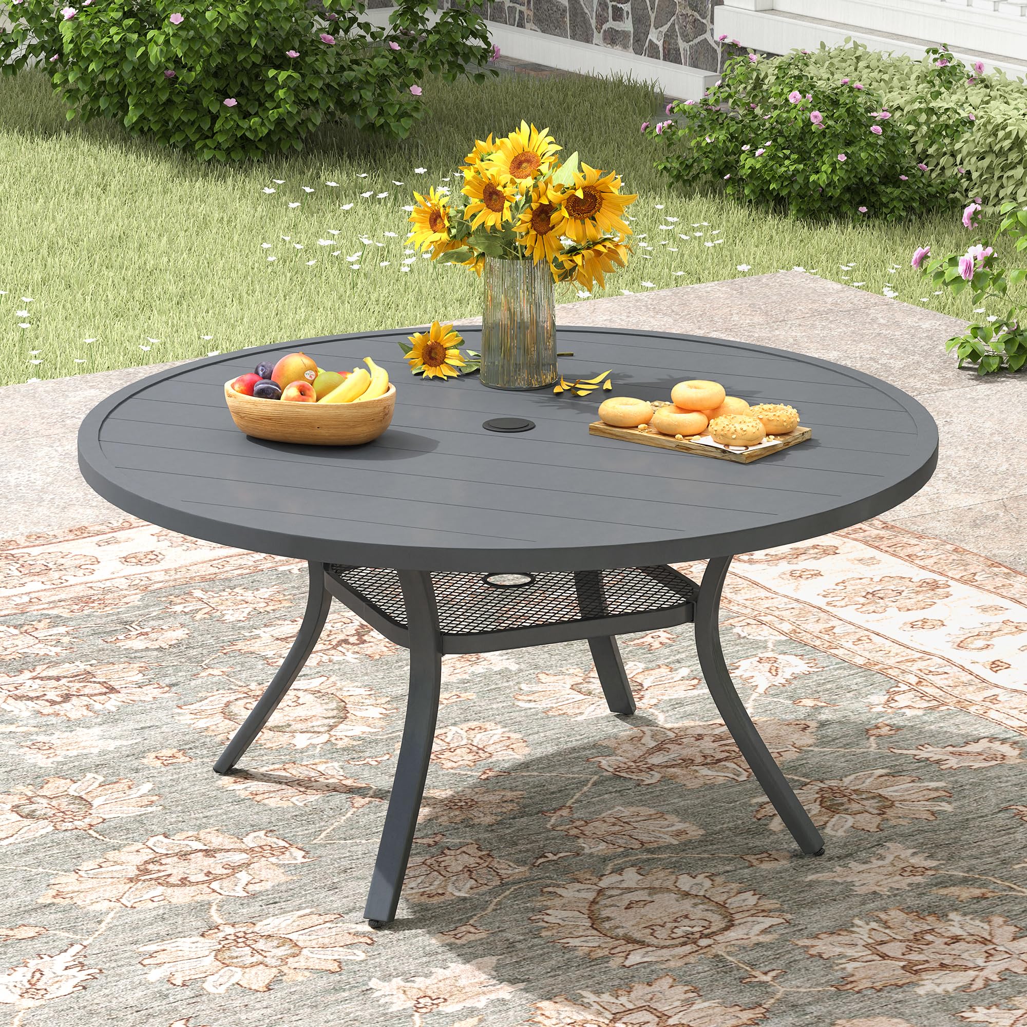 ARKOST 47.2" Patio Dining Table for 6, Round Outdoor Metal Dining Table with Umbrella Hole for Lawn Garden Backyard, Dark Grey