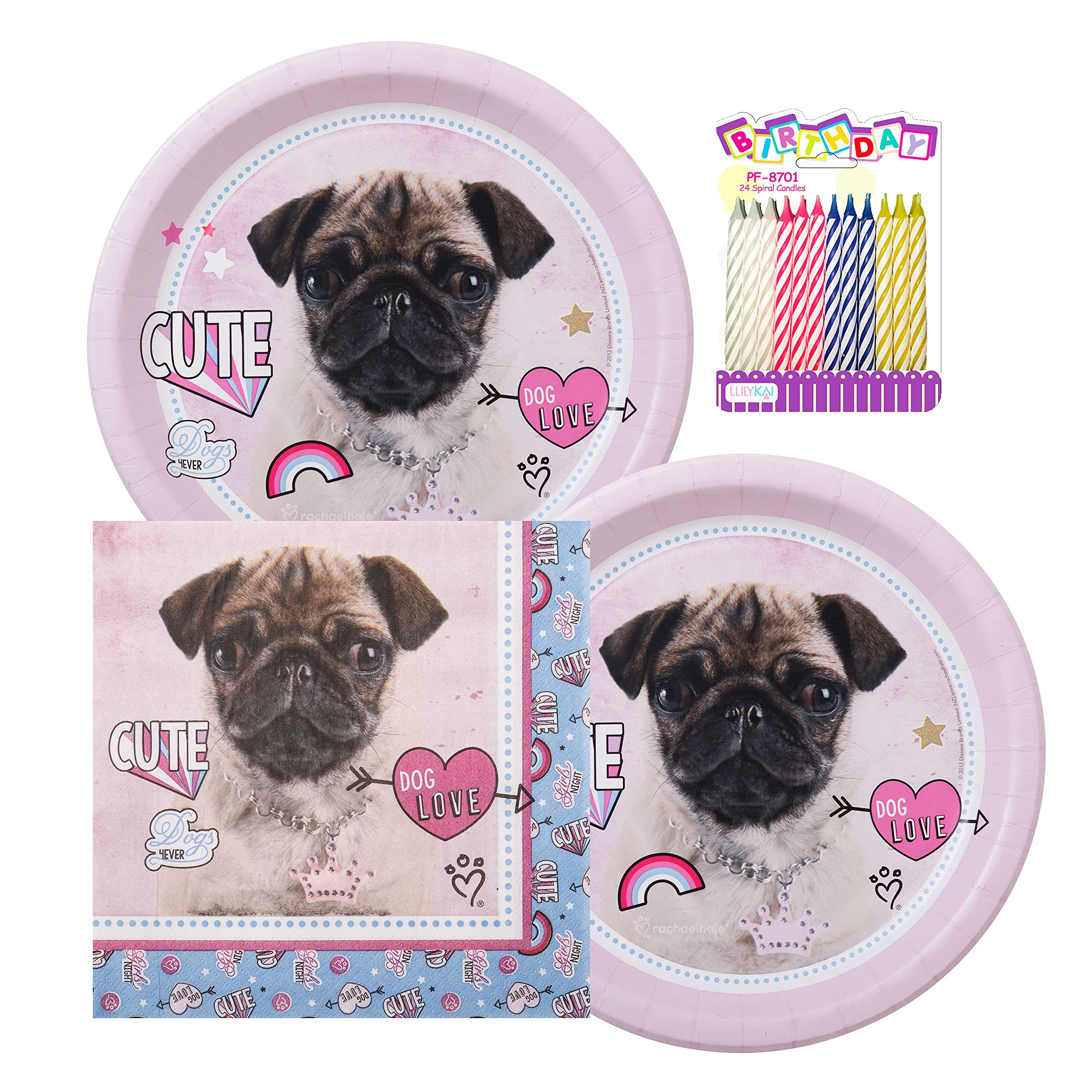 Dog Love Party Supplies Pack Serves 16: 9" Plates and Luncheon Napkins with Birthday Candles (Bundle for 16)