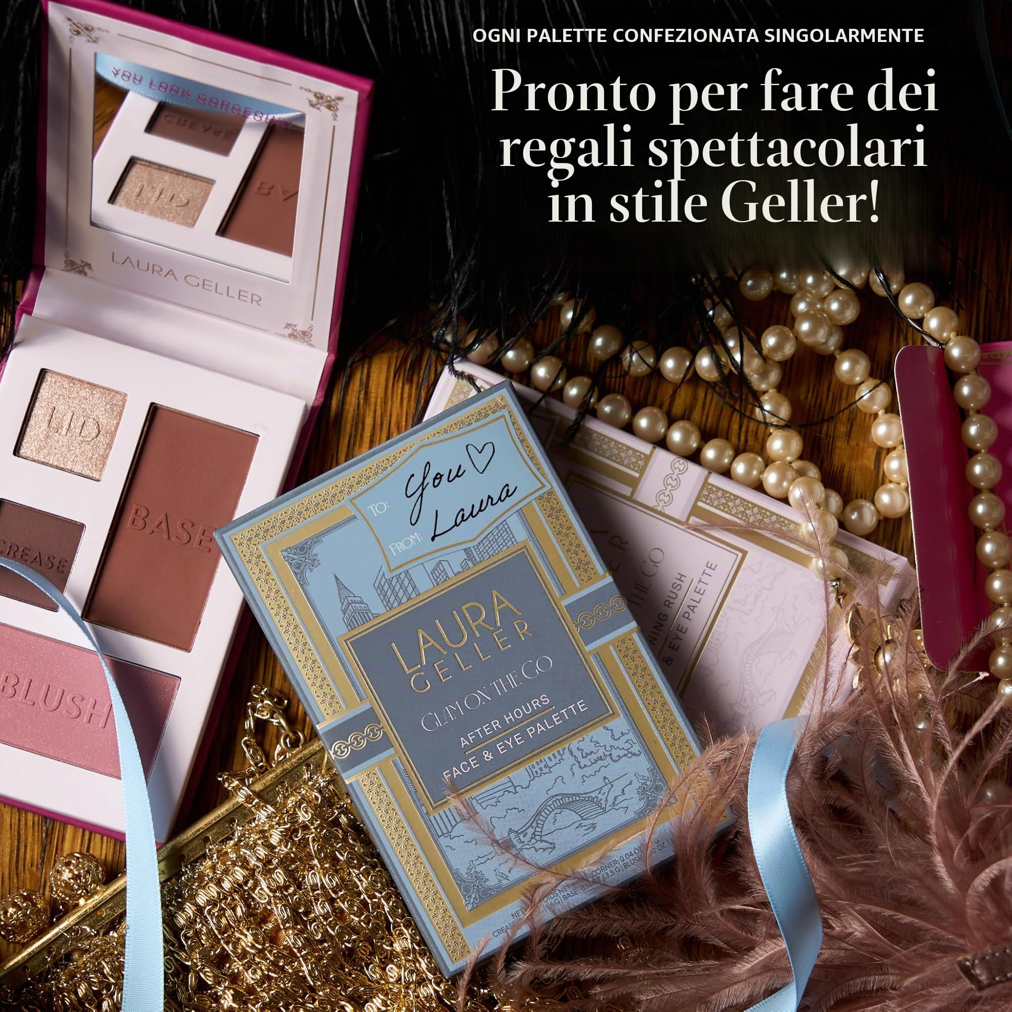 Laura Geller Beauty Glam On the Go - Palette di ombretti e fard, ogni confezione include tre pallet, pronto per essere regalato, trucco facile da usare per pelli mature
