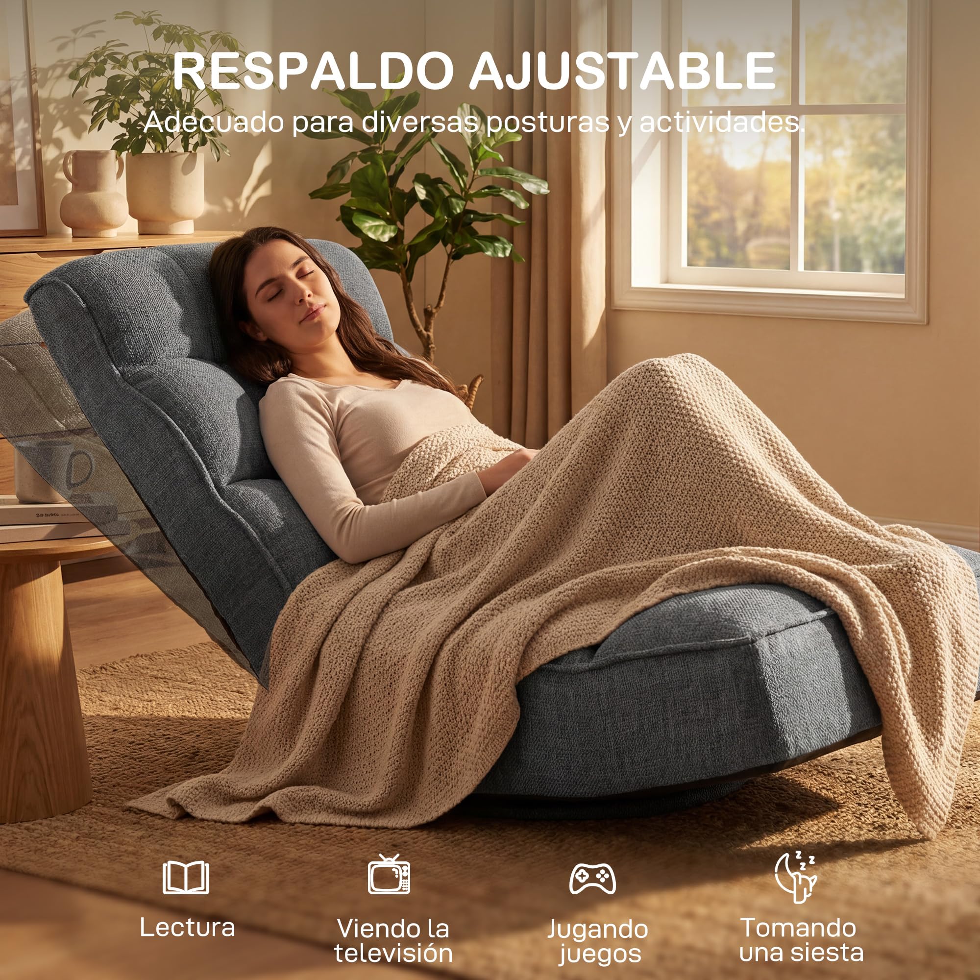 HOMCOM Silla de Suelo Plegable, Silla de Lectura Giratoria 360° con Respaldo Ajustable en 5 Posiciones, Sofá de Suelo de Lino y Acolchado, para Meditación y Gaming, 58x107x79 cm, Gris