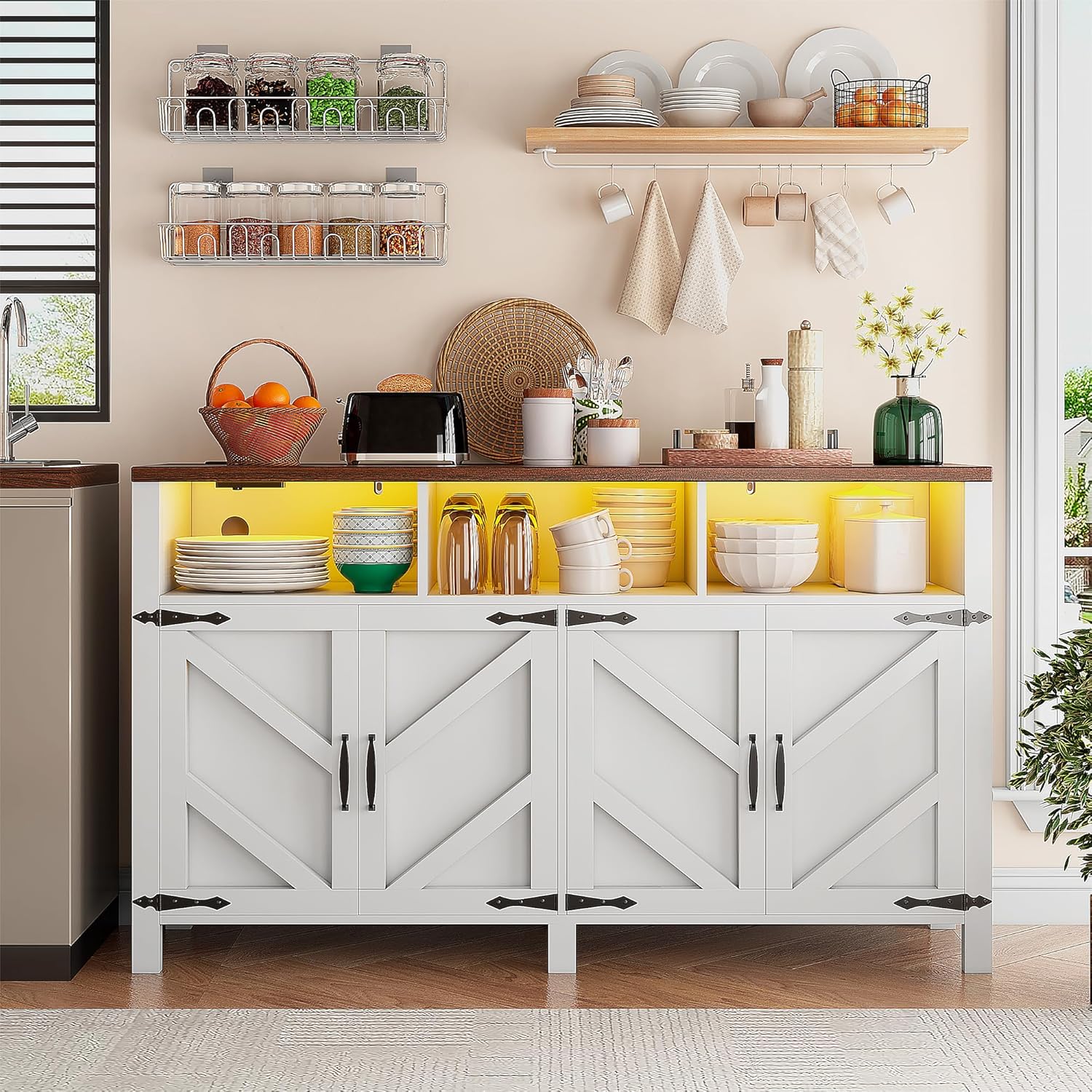 knoworld Buffet Sideboard with Storage with Power Outlets & LED Light 4 Doors, 55'' Large Farmhouse Kitchen Storage Cabinet Wood Coffee Bar Cabinet Buffet Table for Kitchen, Dining Room, Entryway