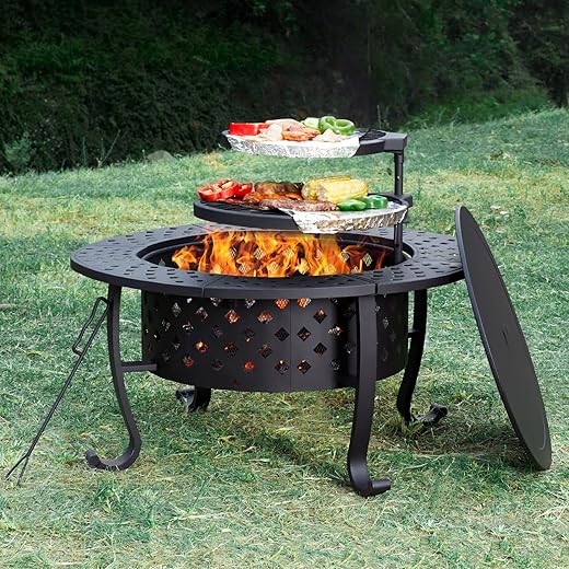 PaPaJet 36 Inch Fire Pit with 2 Grill, Outdoor Wood Burning Firepit with Lid, Metal Round Table for Backyard Patio Garden Picnic Camping Bonfire, black