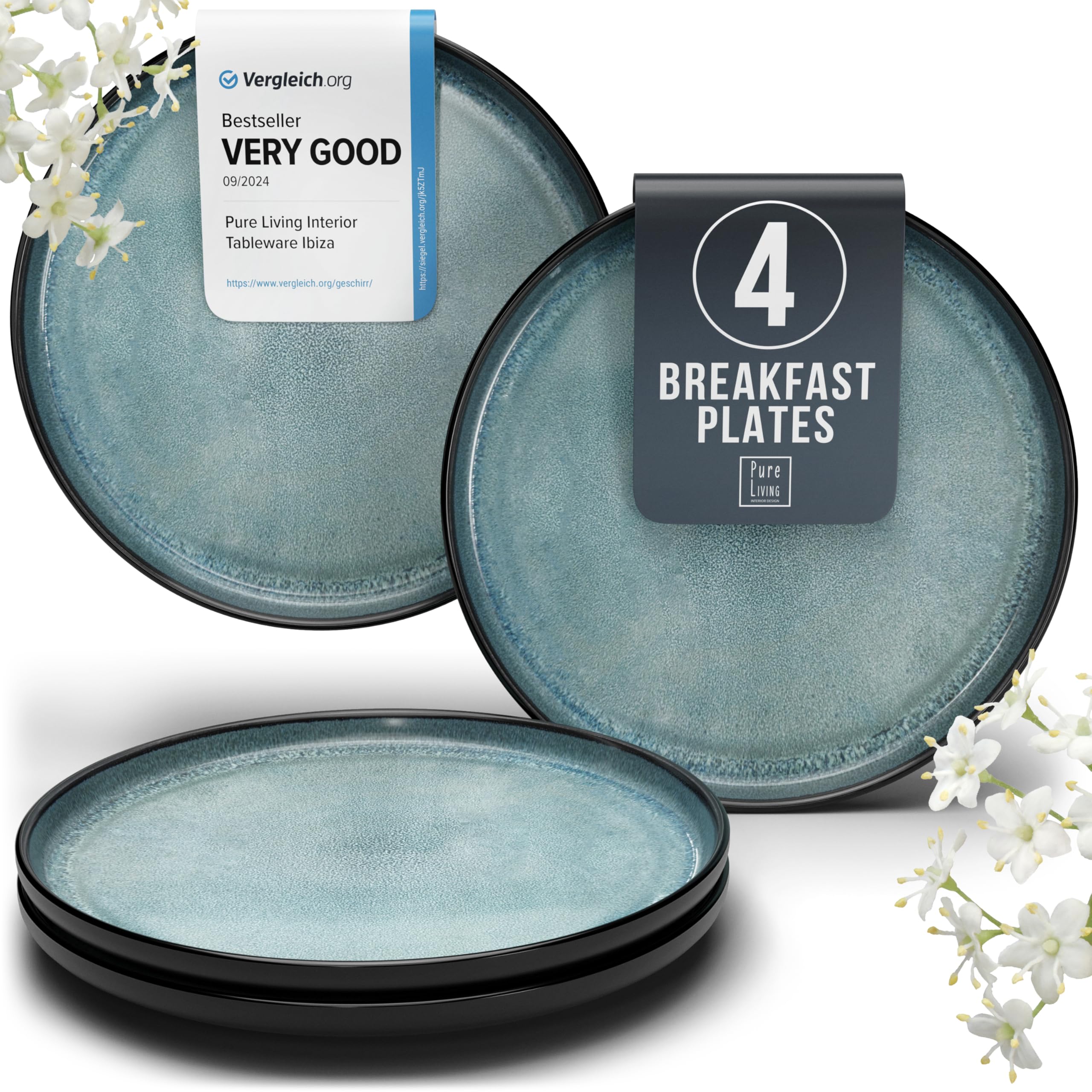 PURE LIVING INTERIOR DESIGN Small Dinner Plates Set of 4, 7.5" Stoneware Plates, Stylish Salad Plates, Dessert Plates Ceramic, Dishwasher and Microwave Safe Ibiza dark petrol Blue Ceramic Plates
