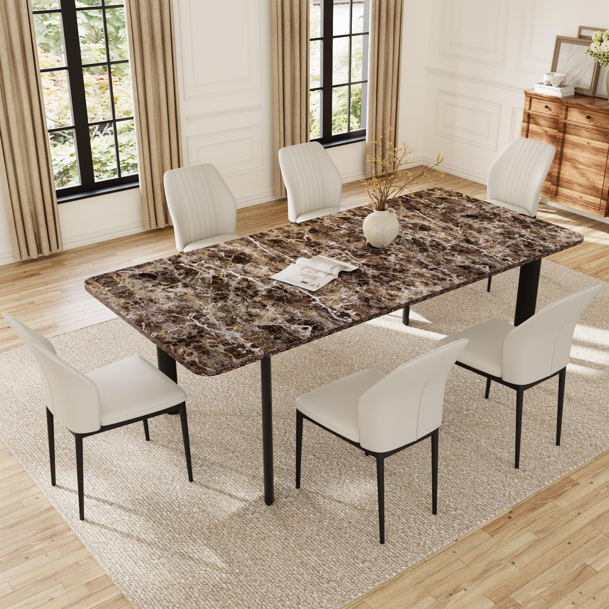 Extendable Dining Table Set for 6-8 People, 63 to 78.7 Inch MDF Kitchen Table with 6 Upholstered Chairs, Space-Saving for Dining Room, Breakfast Nook (Brown Table & 6 White Chairs)