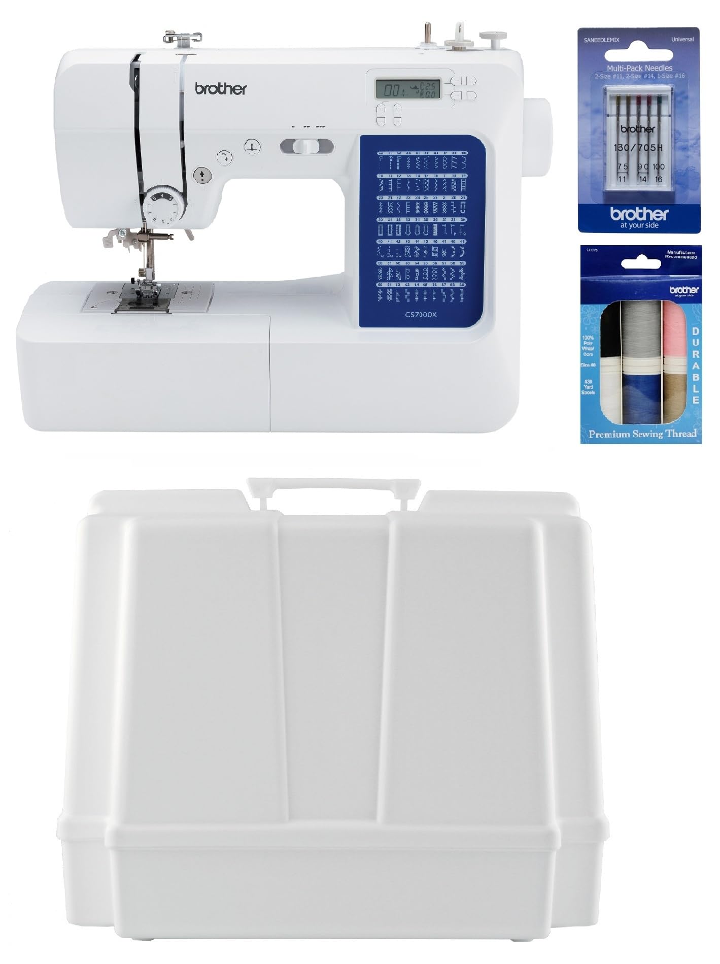 Brother CS7000X Computerized Sewing and Quilting Machine, Hard Plastic Storage and Carry Case, Premium Sewing Thread 6-Pack and 5-Piece Sewing Machine Needles