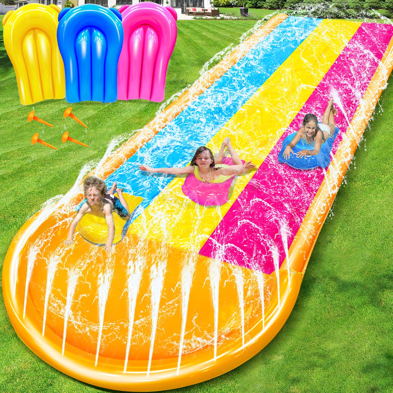 [ 3 Sided Safe Fence ] Extra Width Triple Slip Water Slide with 3-Way Sprinklers, Backyard Lawn Water Slides and 3 Bodyboards with Handle, Summer Outdoor Water Fun Toys for Kids Adults,16Ft x 7Ft