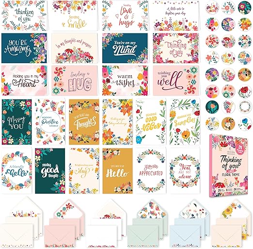 Decorably 24 Pack 6x4in Floral Assorted Thinking of You Cards with Envelopes and Stickers, 24 Unique Designs Box of Cards Thinking of You with Printed Message Inside