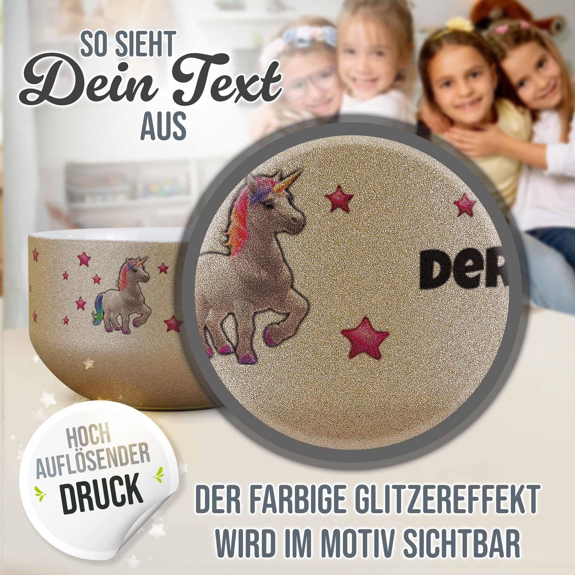 Print Royal PR Kinder-Müslischale mit Name personalisiert - Einhorn - Geschenk für Mädchen und Jungen, Kindertag, Weihnachten, Geburtstag - Keramik Schüssel Gold, 500 ml