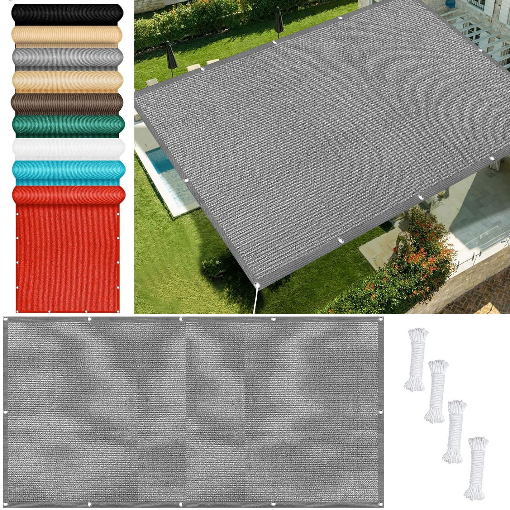 Sonnensegel Rechteckig 240 x 300 cm Hdpe Gewebe Schattenspender Garten Wasser Luftdurchlässig mit Ösen Befestigungs Kit für Garten Balkon Terrasse Patio, Hellgrau