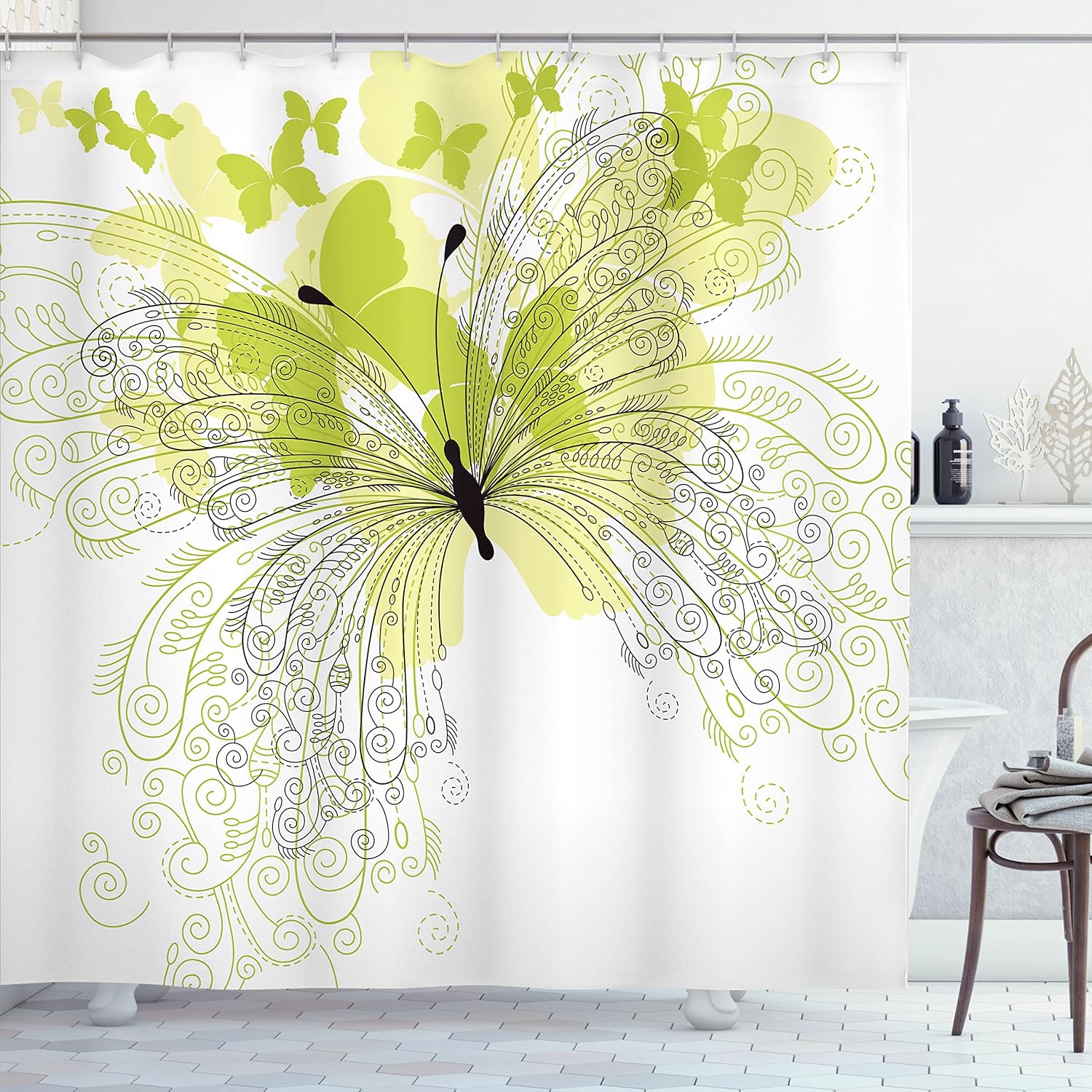 Ambesonne Flower Shower Curtain, Arrtistic Ornate Butterflies Spring Park Romantic Love Anniversary, Cloth Fabric Bathroom Decor Set with Hooks, 69" W x 70" L, Black Cream