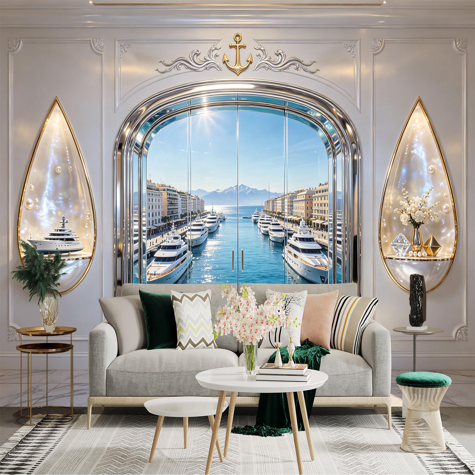 Custom Size Wall Sticker Mural， Luxury Yacht Marina with Ocean View and Coastal Harbor， for wall Decoration， peelandstick wall Decals.