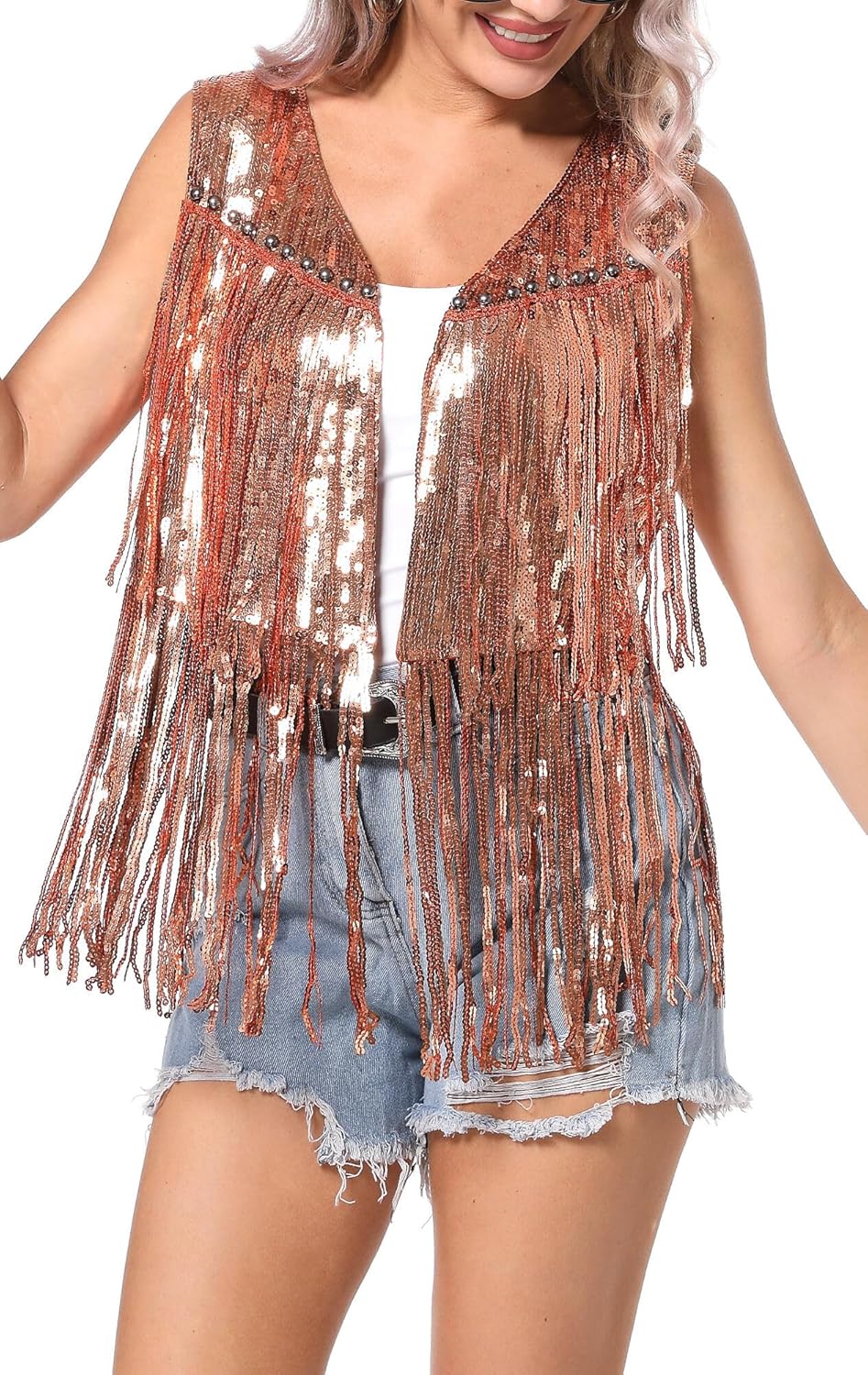 FEOYA Women Sequins Fringe Vest Glitter Sparkly Sleeveless Jacket 70s Open Front Tassel Vest