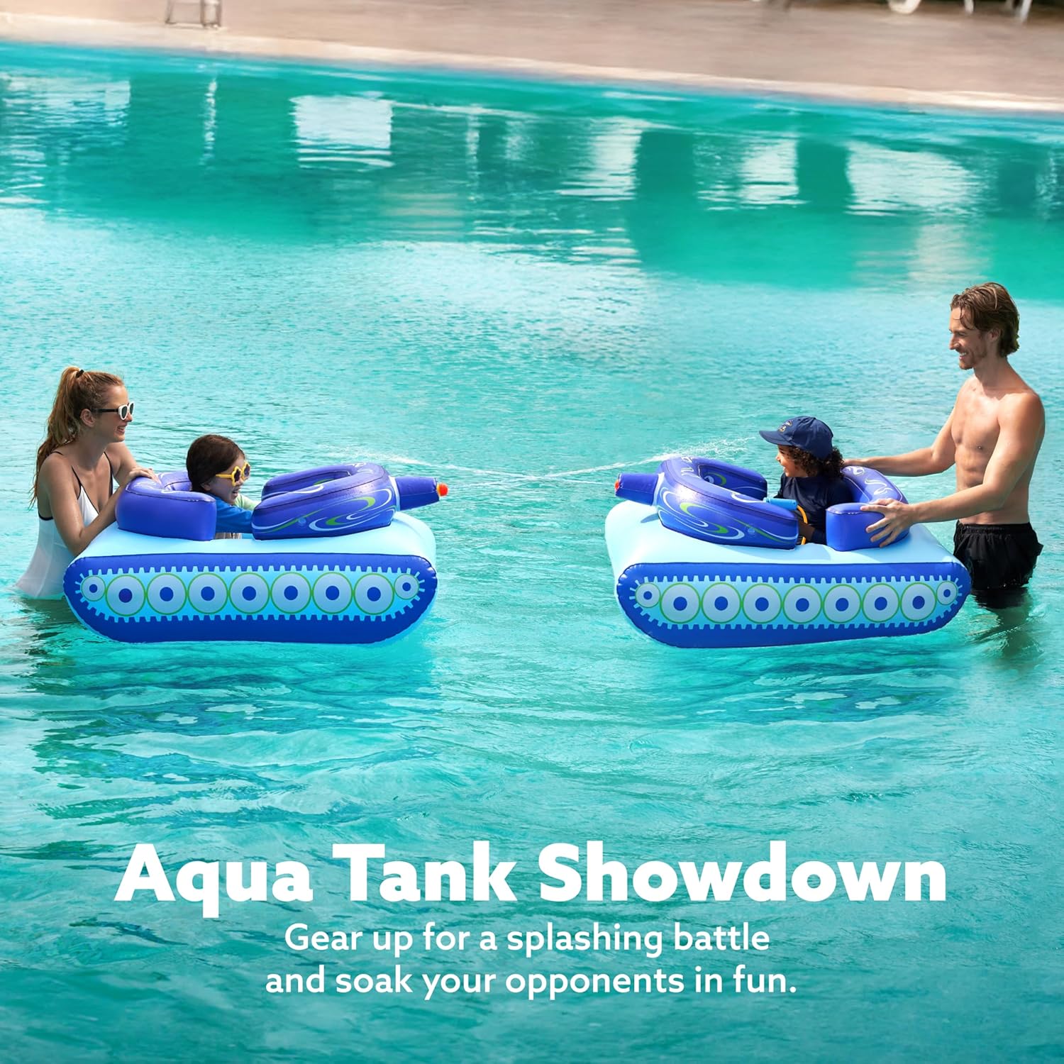 SLOOSH Inflatable Tank Pool Floats Kids, Pool Floaties Swimming Tank with Water Gun, Water Fight Toys, Inflatable Battle Fun for Summer