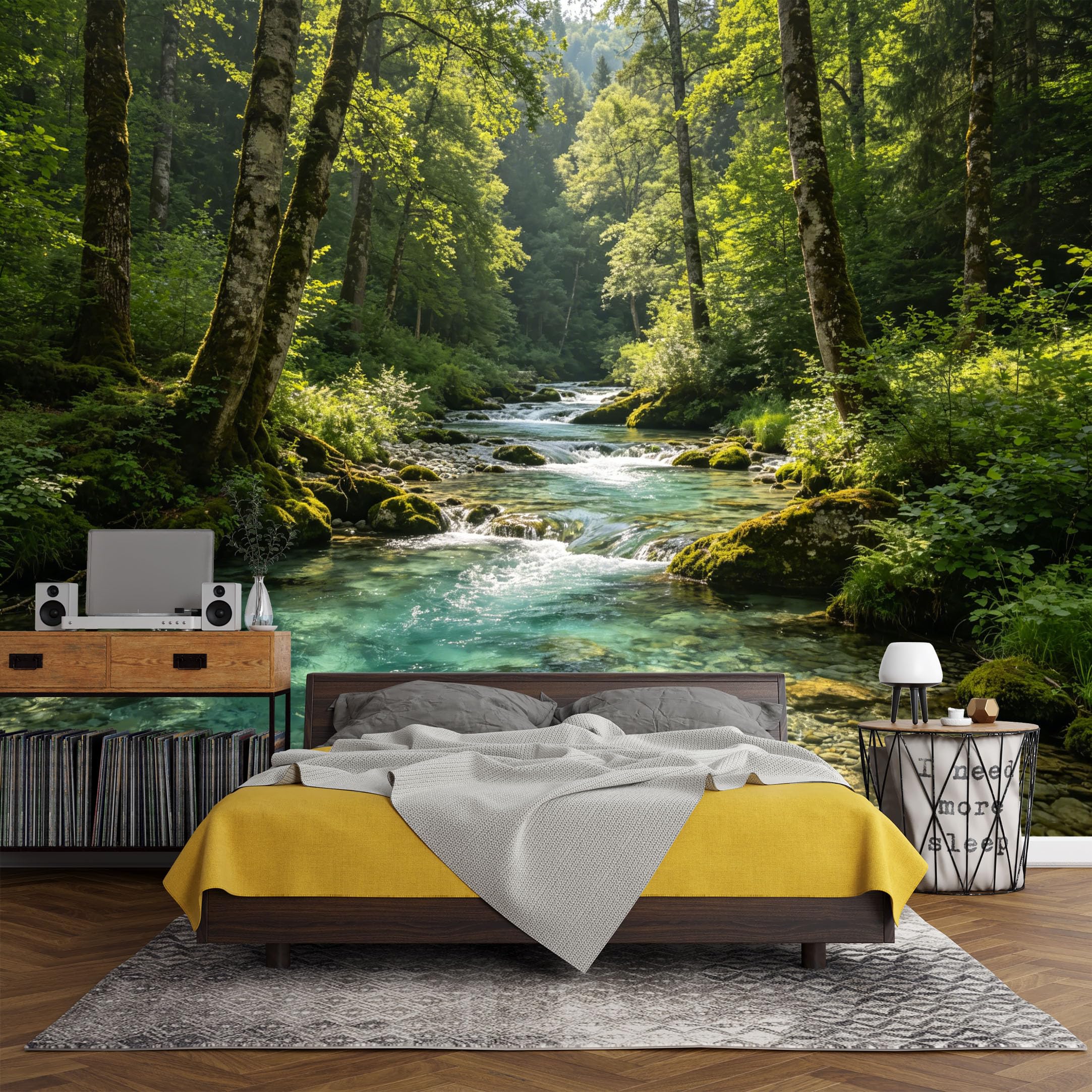 Custom Size Wall Mural， Forest River Stream Green Trees Landscape Nature Scenery，SelfAdhesive Art Prints wall Fabric (No PVC) Removable Wallpaper Living Room Decor