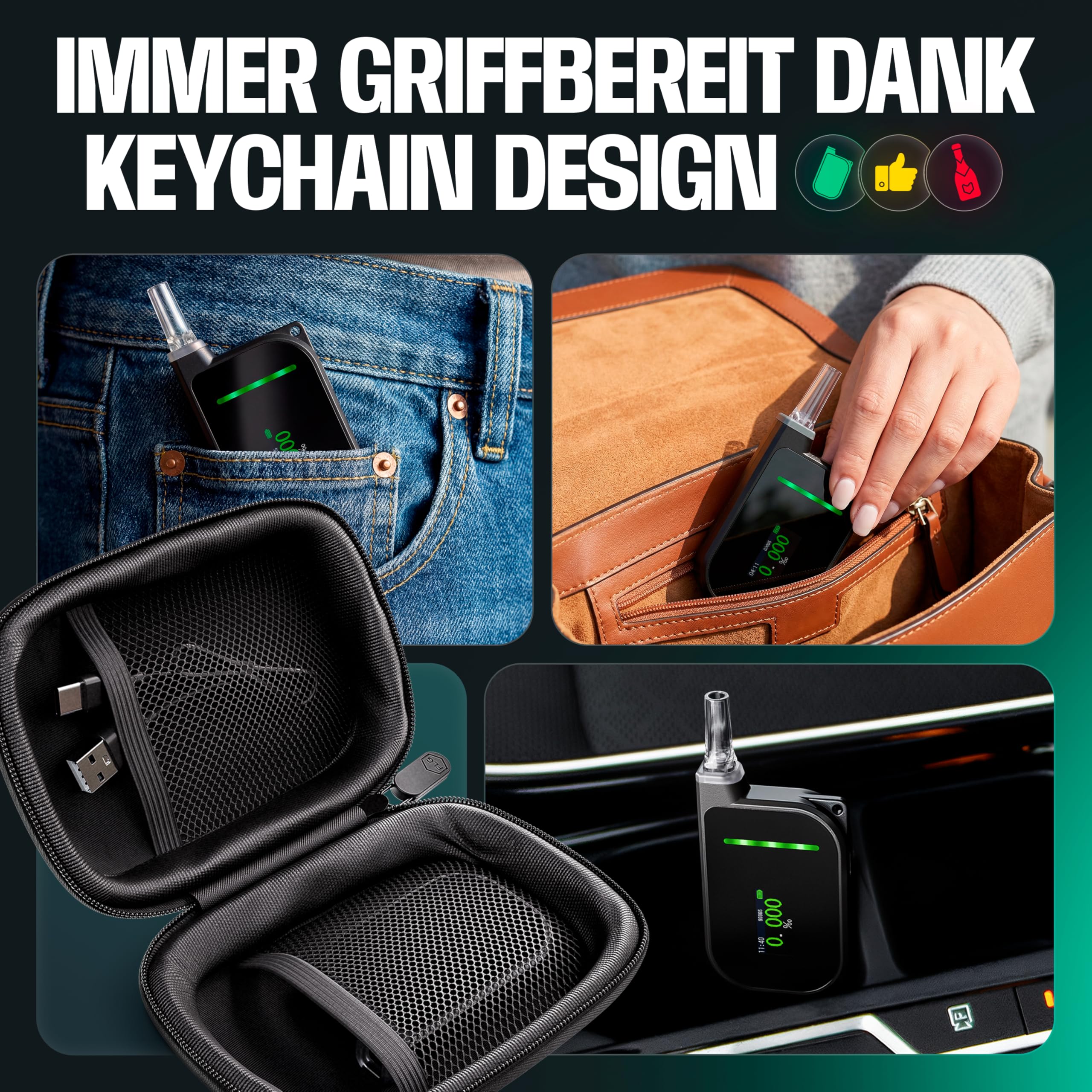 ALCORA T1 Premium Alkoholtester Set mit 10 Mundstücken & Hardcase - Kompaktes Promillemessgerät im Keychain-Design - Elektrochemischer Alkotester mit USB-C Akku (400+ Tests) - Fuel Cell Promilletester