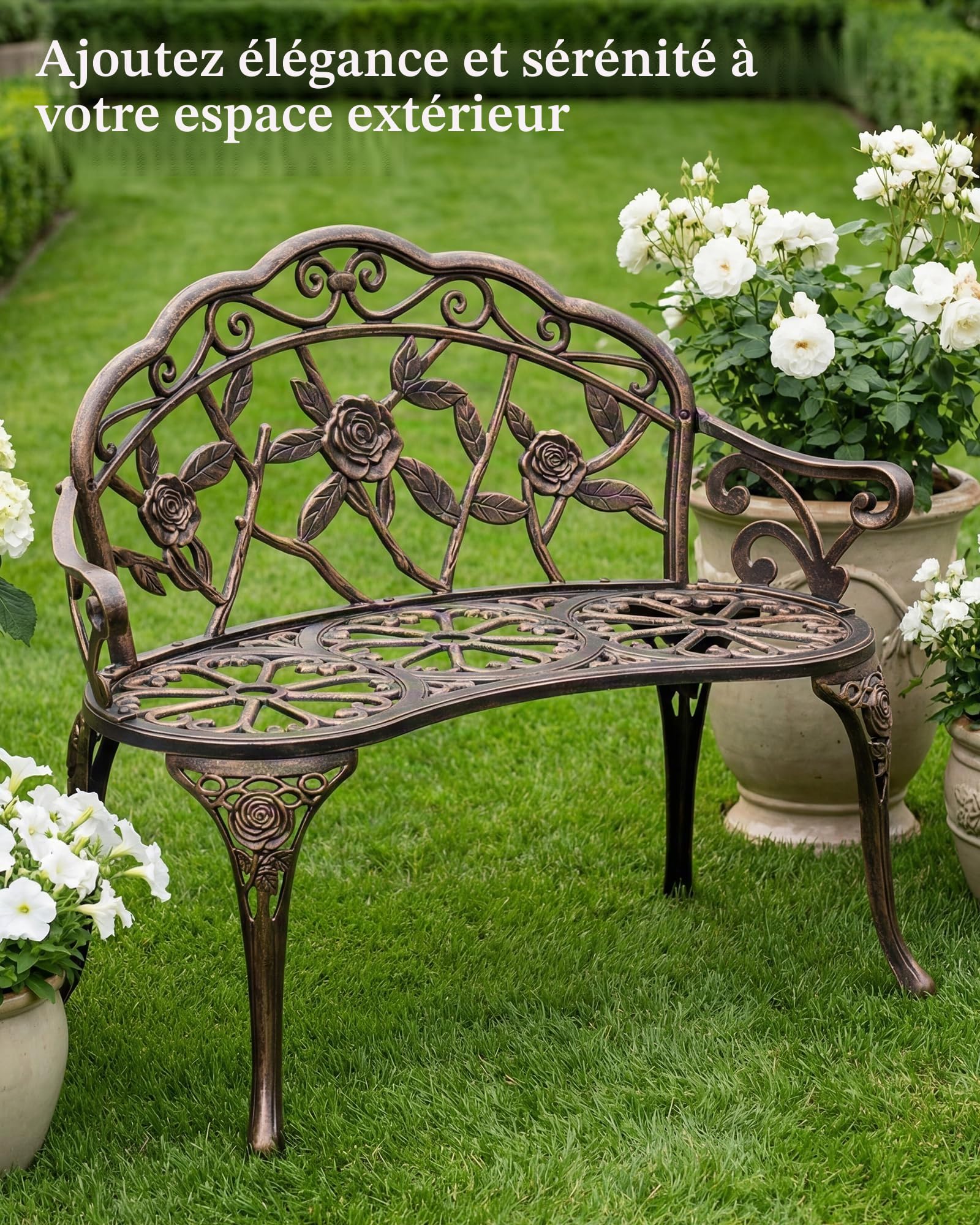 Banc de Jardin 2 Places, Banc d'Extérieur Métal 91cm Style Rétro Bronze avec Dossier Fleuri, Banquette de Jardin Robuste pour Terrasse Balcon Patio Jardin