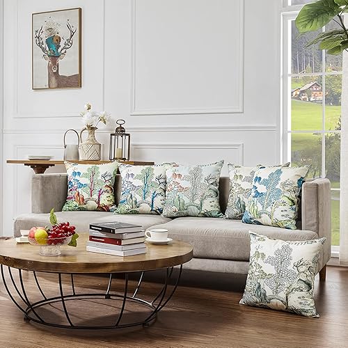 Miniatura 6 de Juego de 2 fundas de almohada Chinoiserie de 20 x 20 pulgadas, fundas de almohada asiáticas azules y verdes, fundas de almohada de lino con hojas de