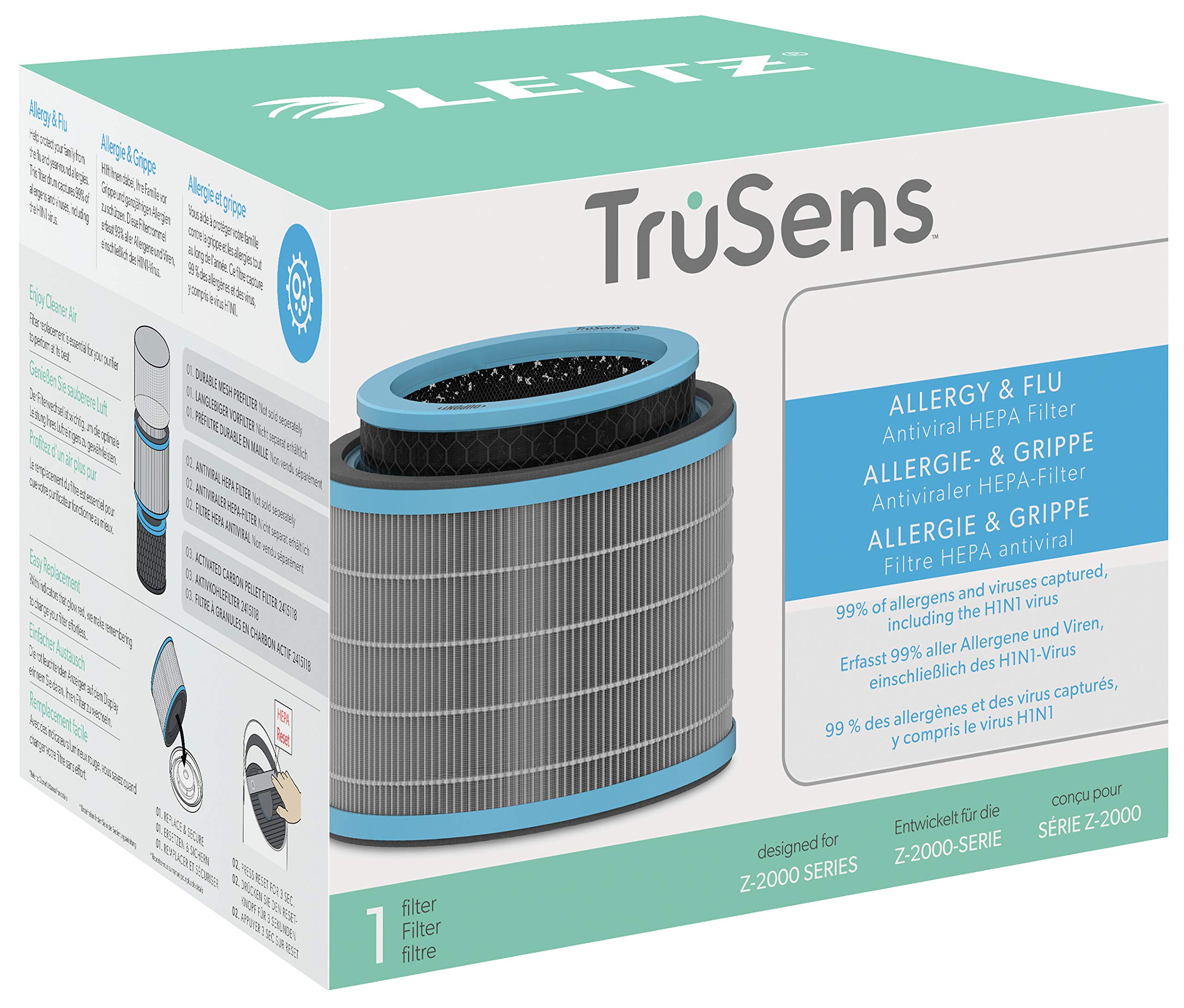 Leitz TruSens Allergie & Grippe HEPA-Filter mit Trommel für Leitz TruSens Z-2000/Z-2500 Luftreiniger, Antiviral, 3-in-1 HEPA-Filtertrommel, Maschen-Vorfilter, Aktivkohlefilter, 2415117