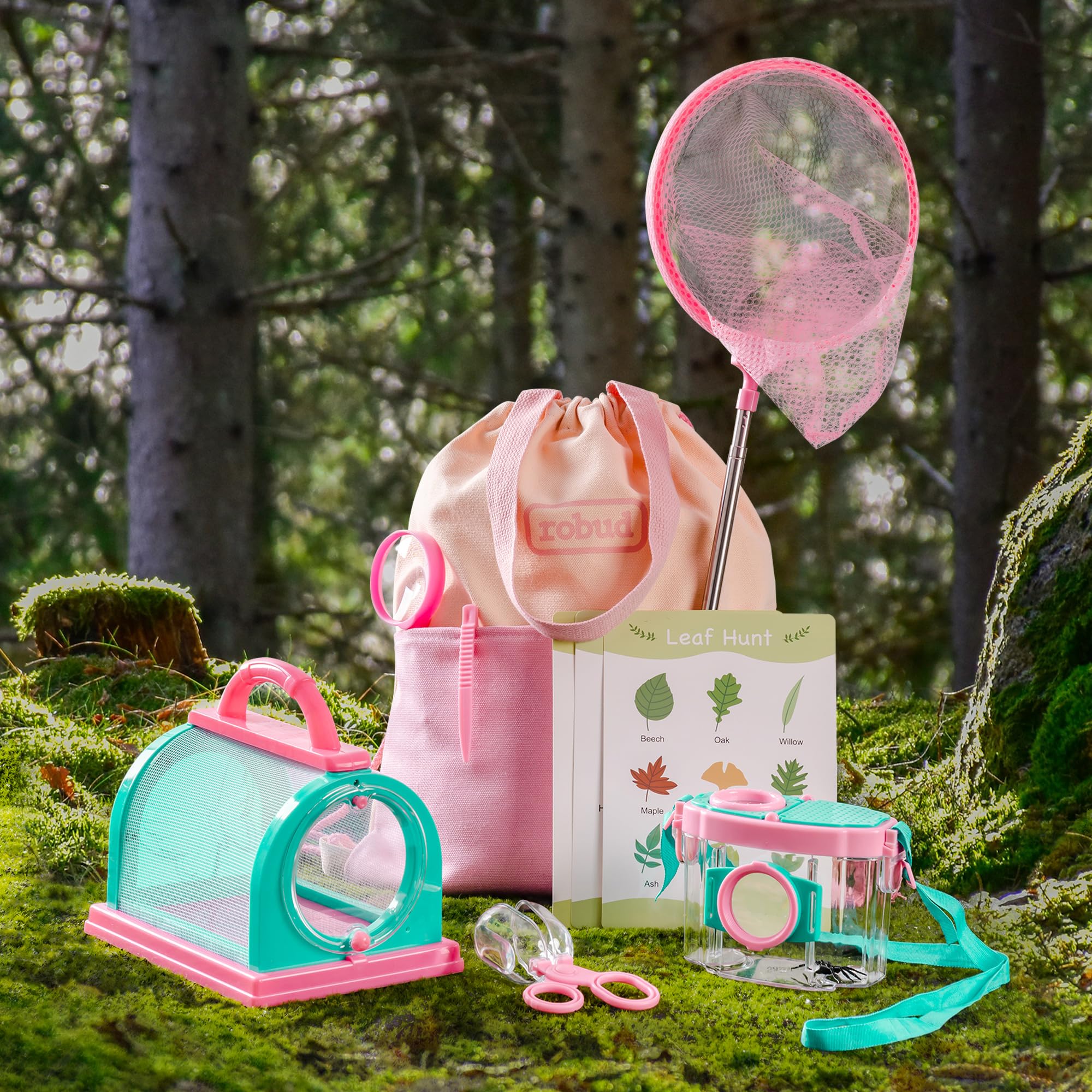 ROBUD Kids Outdoor Explorer Kit, Bug Catching Adventure Set with Butterfly Net, Magnifying Glass, Kids Binoculars, Bug Container, Carry Bag, Educational Toys Gift for Toddler Ages 3+