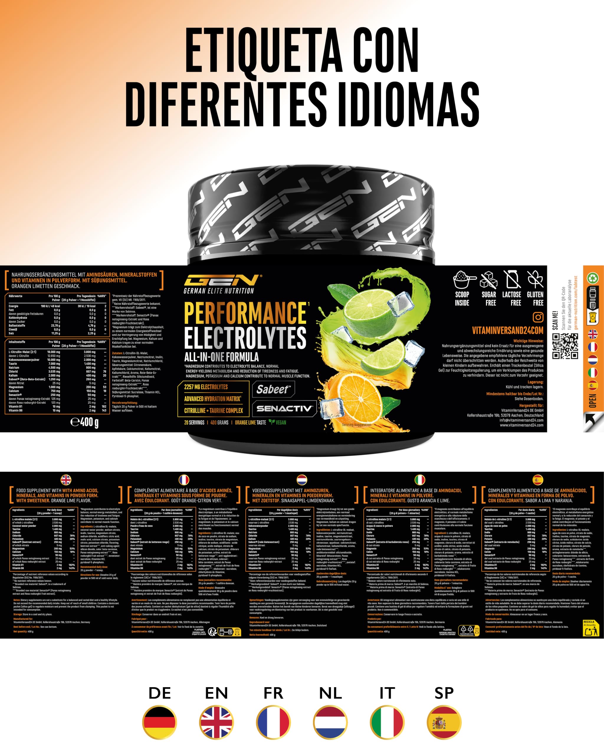 Performance Electrolytes - 400 g (20 Porciones) - Advanced Hydration Matrix con Sodio, Potasio, Magnesio, Calcio y Cloruro - con Citrulina y Taurina - Sin Azúcar - Vegano - Sabor Naranja Lima