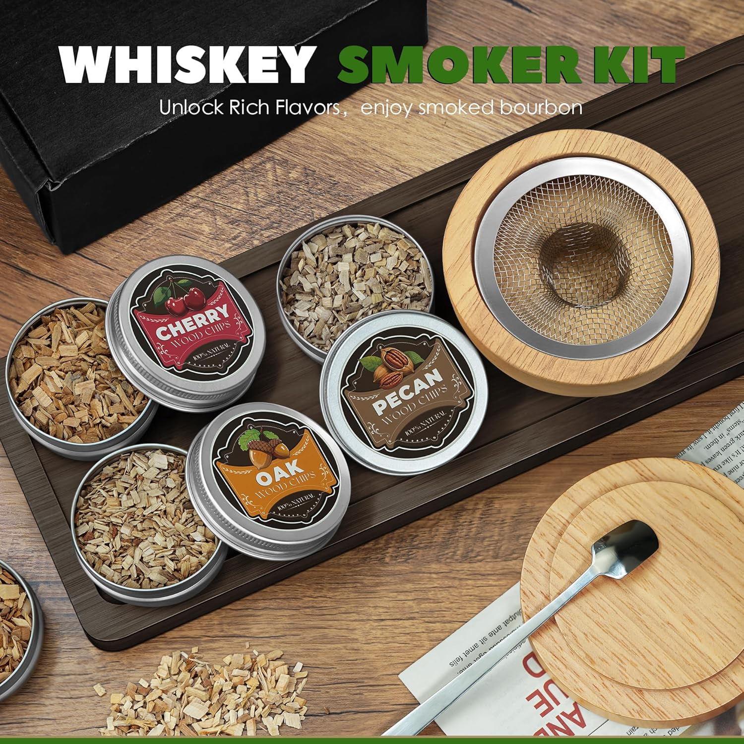 Whiskey Smoker Kit Set - 4 Flavors Wood Chips, Cocktails Bourbon Drink Infuser Kit, Old Fashioned Smoked Kit