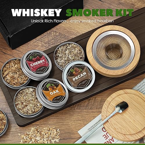 Miniatura 7 de Juego de ahumador de whisky - Chips de madera de 4 sabores, kit infusor de bebida de bourbon para cócteles, kit ahumado antiguo