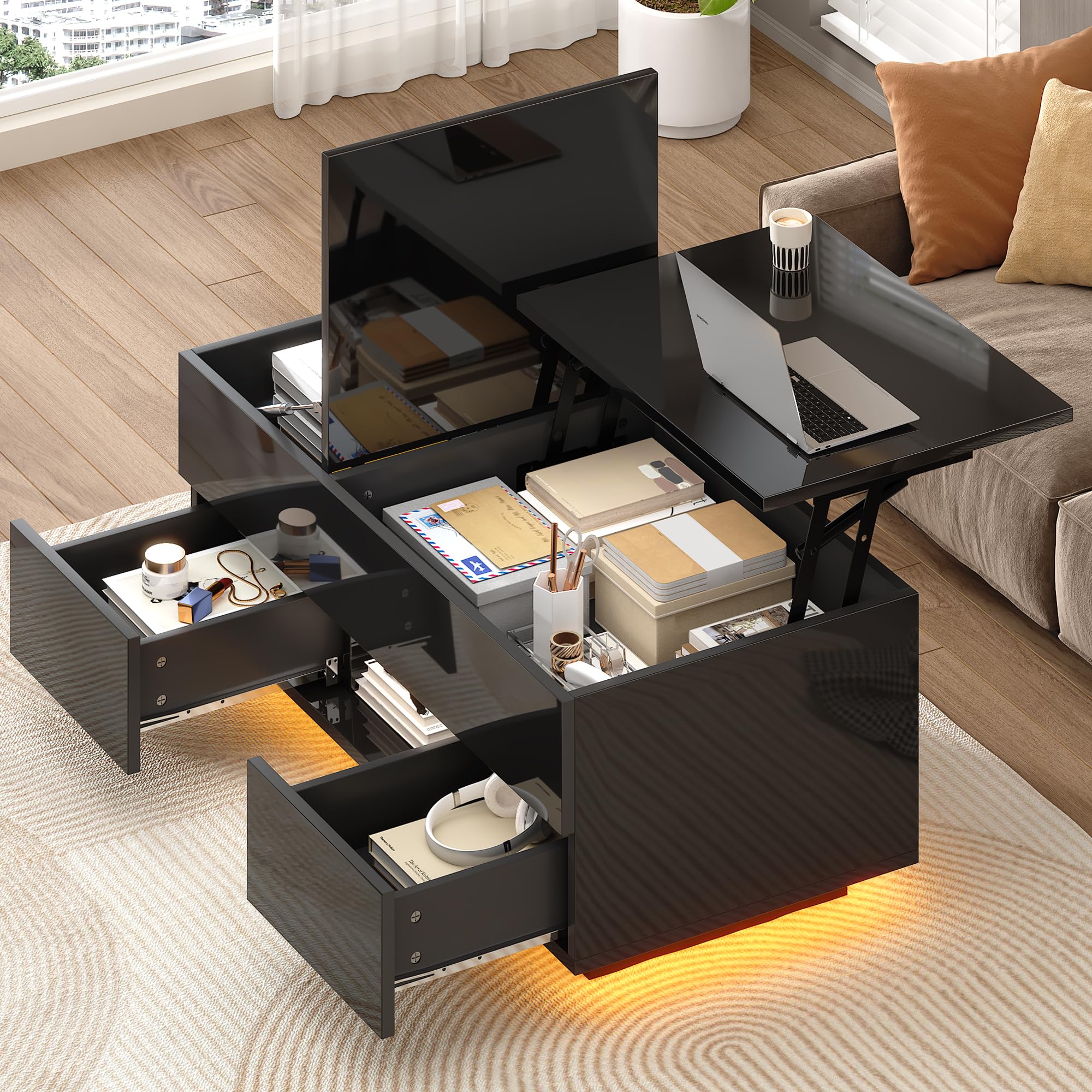 ModernLuxe LED Lift Top Coffee Table with Storage, High Gloss Coffee Table with 2 Drawers, Hidden Compartment, Modern Lift-Up Centre Table with RGB LED Lights for Living Room, Home Office,Black