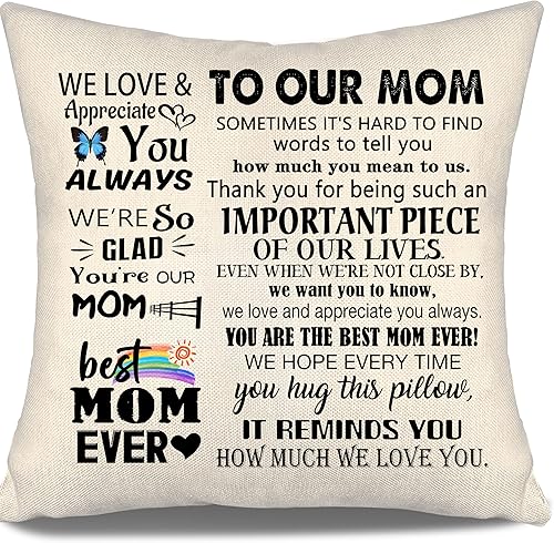 Funda de almohada con texto en inglés To Our Mom, ideas de regalo para madre o mamá, de niños, hija, hijo, regalo de cumpleaños, Día de la Madre,