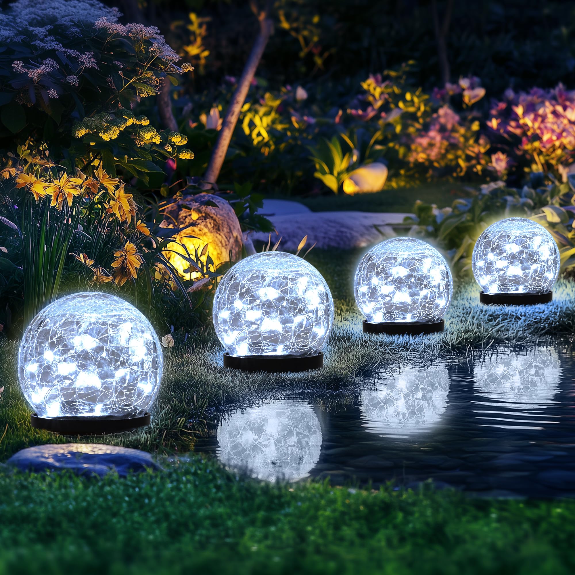 Solar Lights Outdoor Garden, Solar Globe Lights Waterproof, Cracked Glass Ball Outdoor Decorations for Balcony Backyard Yard Patio Porch (4 Pack, Cold White)