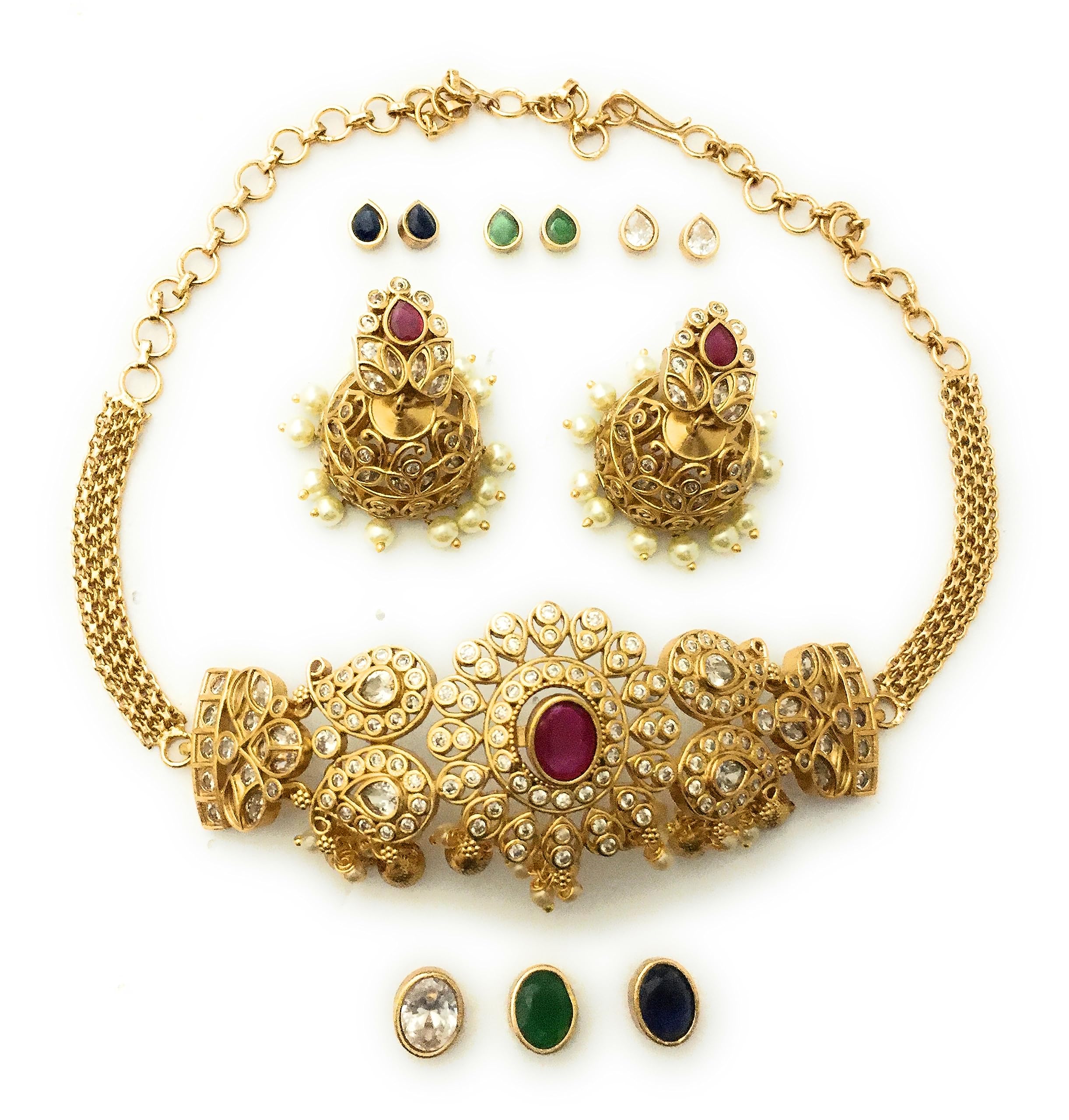 Sasitrends Traditional Gold Plated American Diamond Studded Jewellery Choker Necklace Set with Changeable Earrings for Women & Girls (B0C35Q71VF) Amazon Price History, Amazon Price Tracker