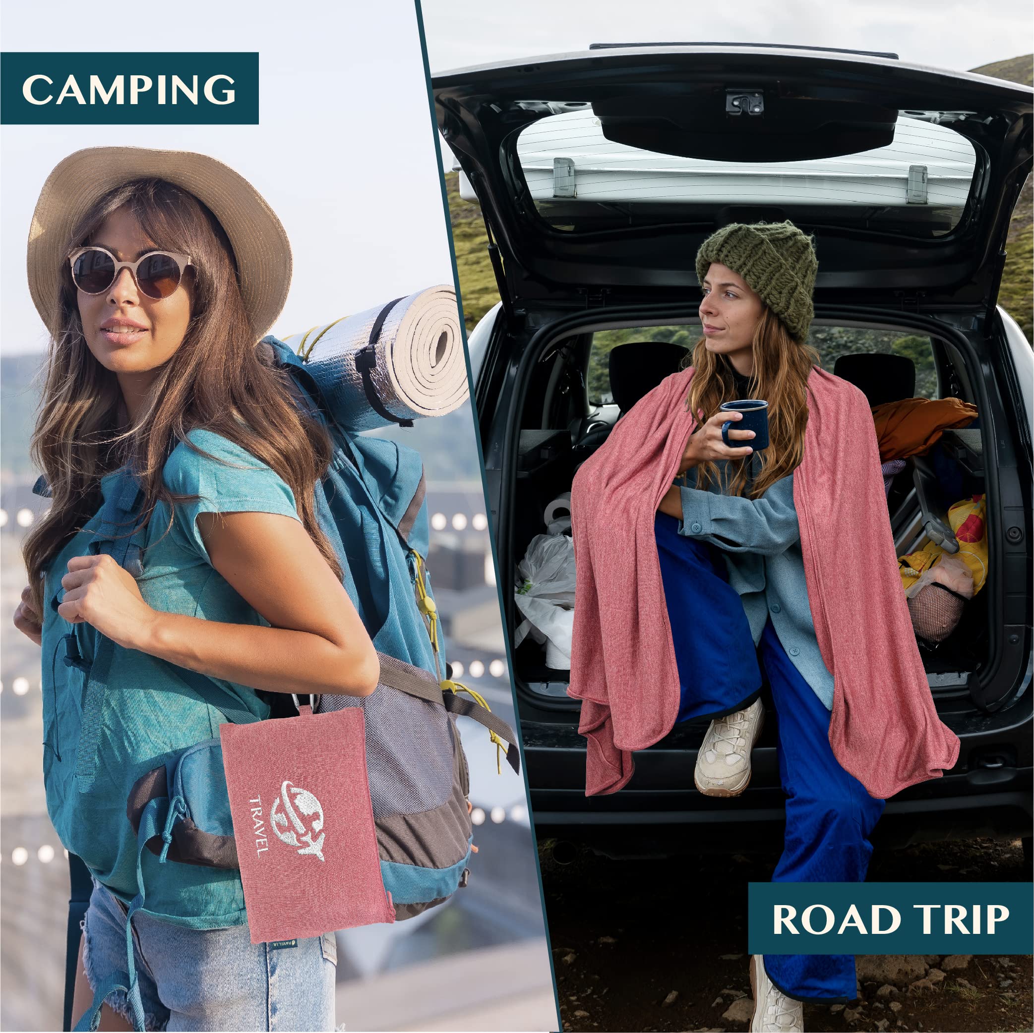 PAVILIA, Manta de Viaje compacta con Bolsa para avión, con Almohada, para vuelos Largos, Ligera, con Correa de Equipaje, para Camping, Esencial para viajeros, Color Rosa, 165 x 101 cm