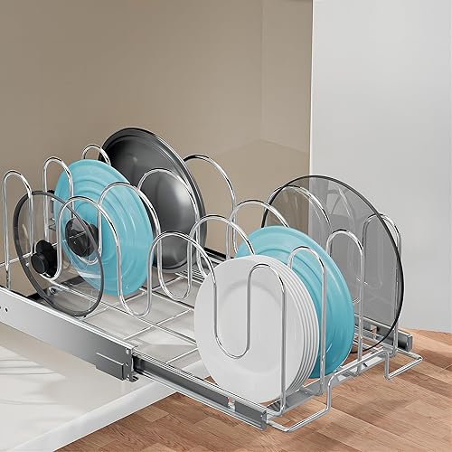 Miniatura 3 de RITSU Organizador de tapa de sartén y olla deslizante para gabinete, estante extraíble para tapa de olla, tabla de cortar, soporte para utensilios