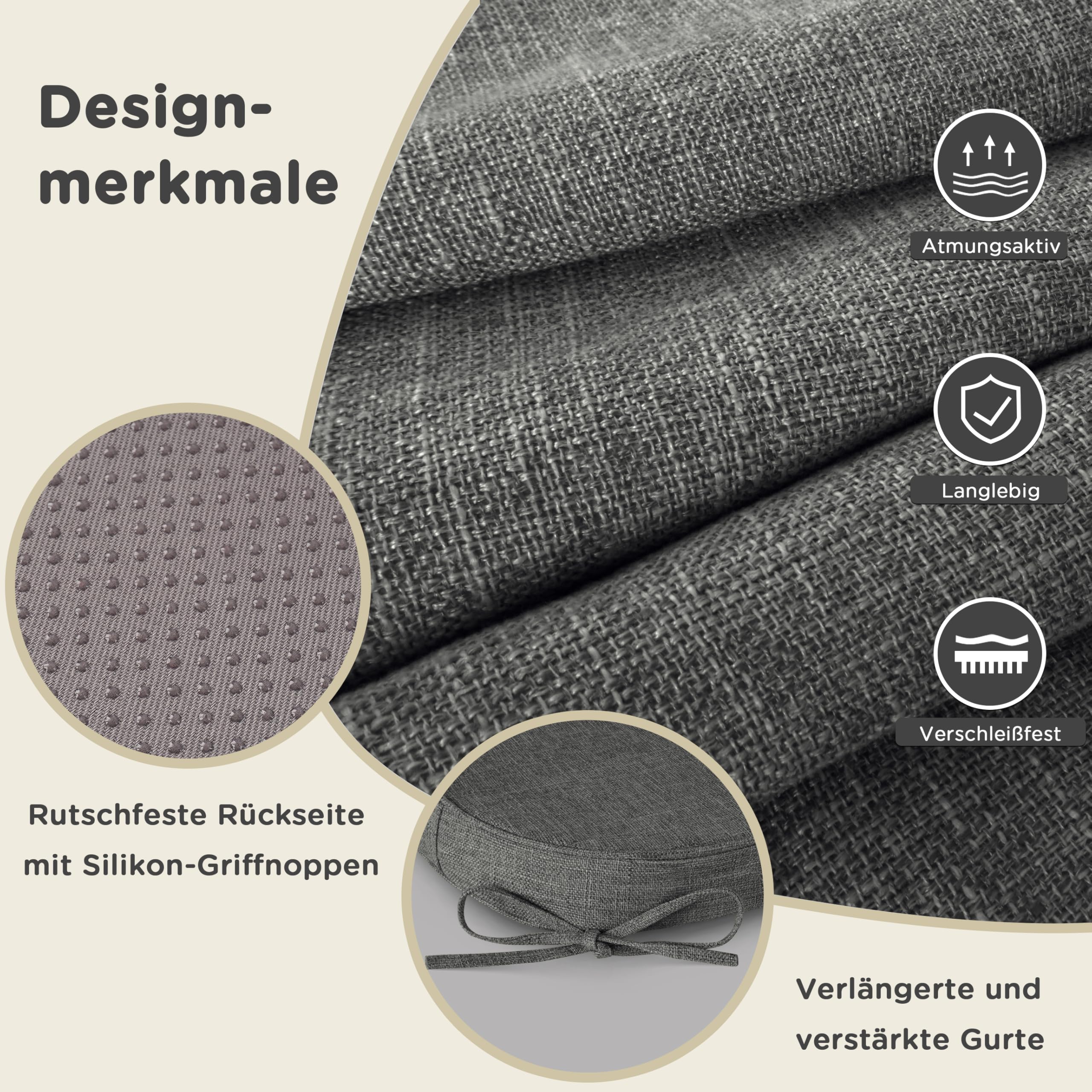 AddGrace rutschfeste Esszimmerstuhl-Kissen 4er-Pack 42.5x40.5cm Dunkelgrau | Schaumstoffstütze, mit Bändern, waschbarer Bezug, D-förmiges Kissen passt für die meisten Küchen-Esszimmerstühle, bequem