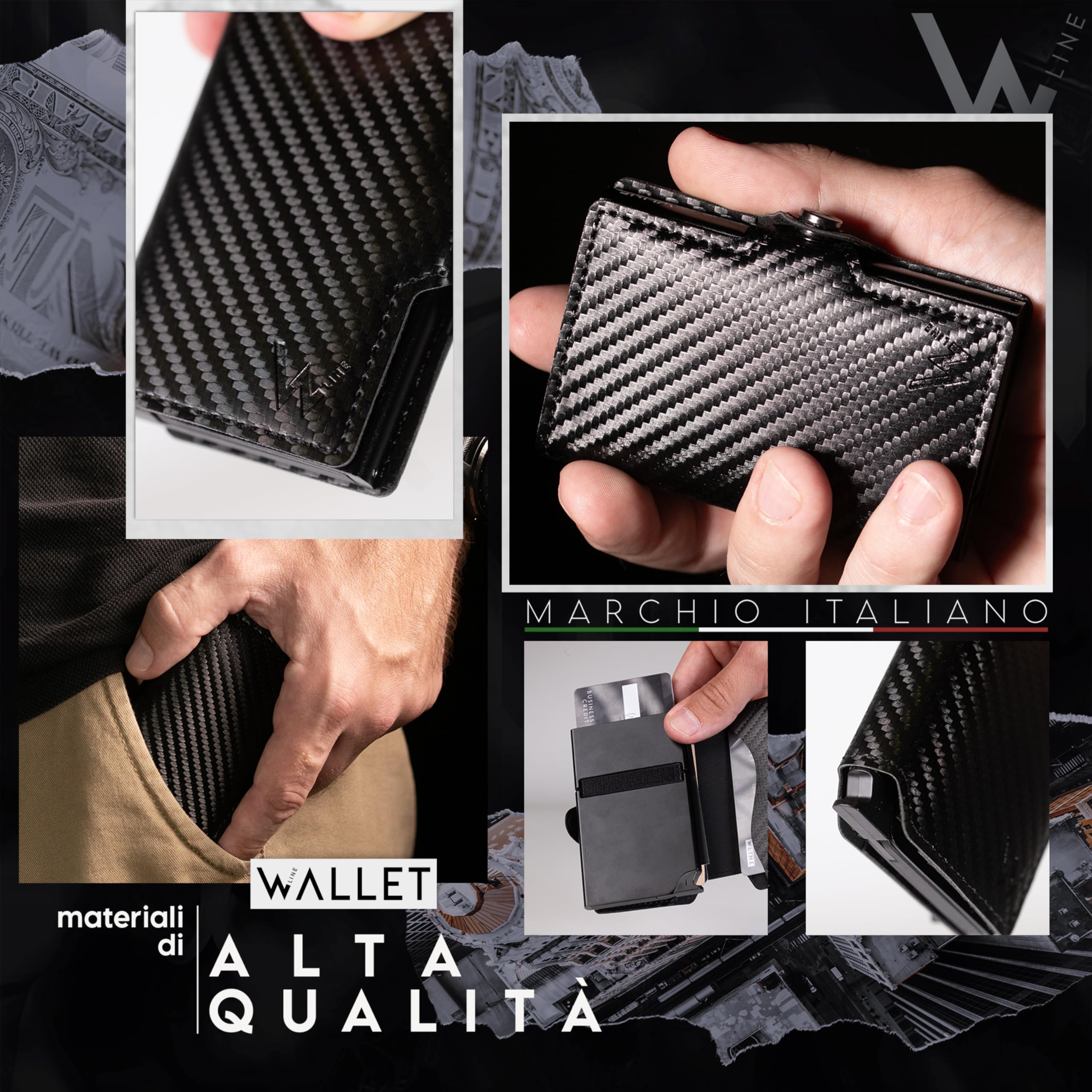 WLine Porta Carte di Credito Uomo e Donna Schermato in Fibra di Carbonio - Portafoglio Uomo Slim Rfid Compatto ed Elegante - Portatessere Uomo Tascabile (Nero Carbon senza Zip)
