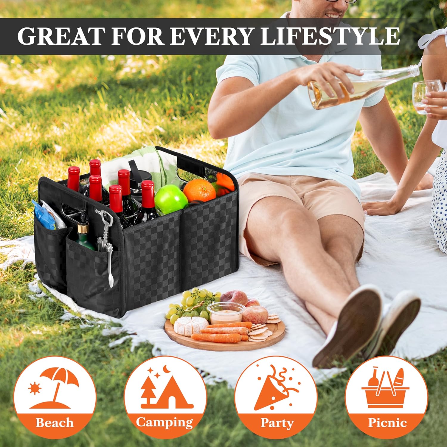 opux 12 Bottle Wine Tote Bag, Collapsible Wine Carrier Caddy Box with Dividers for Moving, Foldable Liquor Bottle Storage Glass Holder, Portable Reusable Wine Storage Box - Checker Black