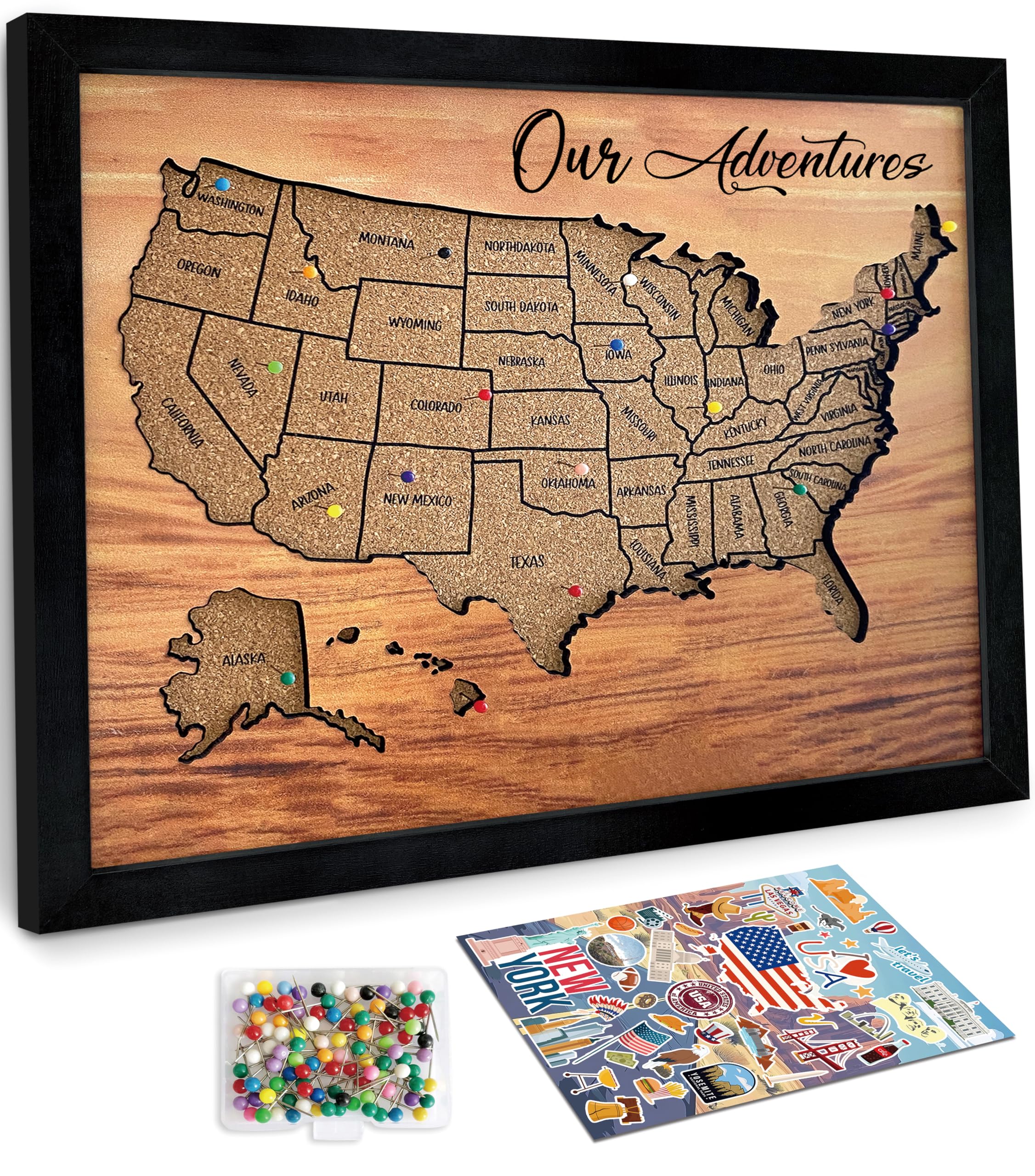 flinelife Cork Board Usa Travel Map With Pins, 12x10, Medium Size, Map of United States, Perfect For Couples and Families Gift