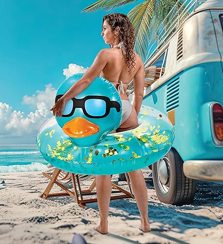 Miniatura 4 de POZA Flotador inflable de pato para piscina vinilo resistente a los rayos UV, confeti de pato para piscina, flotador de piscina de animales, anillo