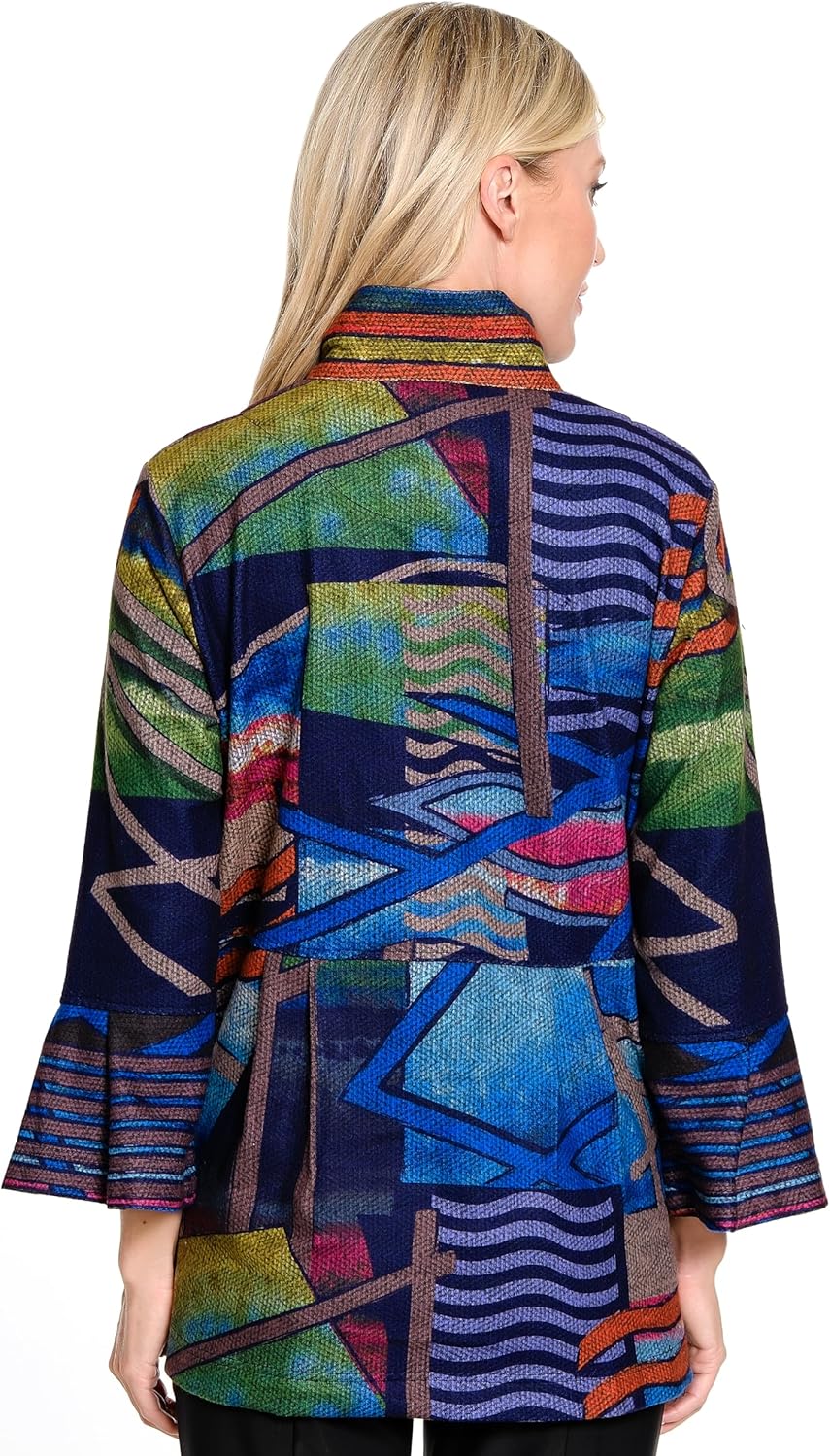 Ali Miles womens Printed Brushed Knit Button Front Jacket Bell Sleeve Cuffs - Image 2