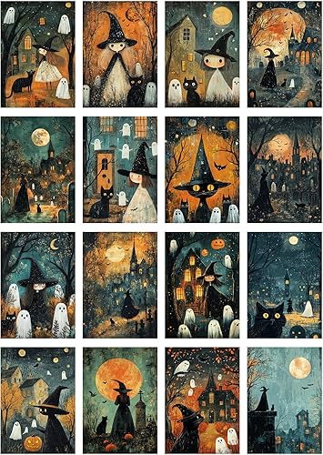 Vista 32 de Decoupage - Paquete de papel (21 hojas de 6 x 8 pulgadas), lindas brujas de Halloween, gatos negros, calabaza, FLONZ, estilo vintage, tarjetas