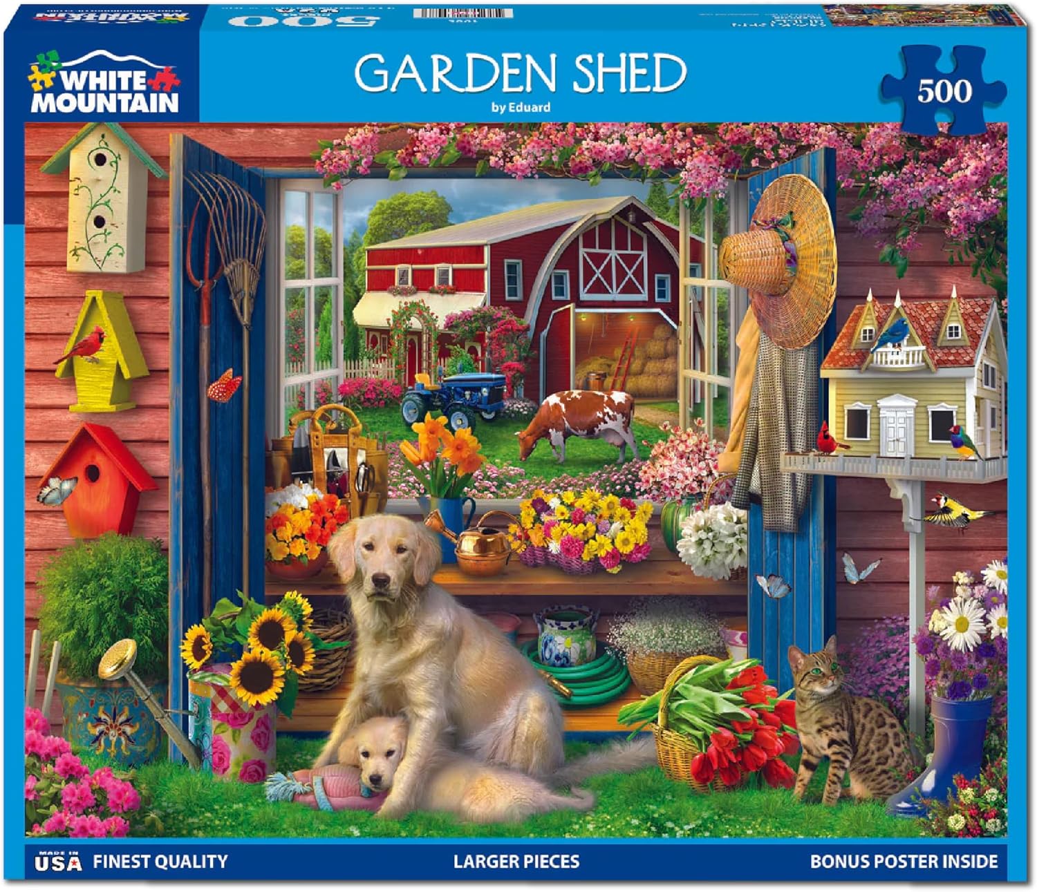 White Mountain 500 Piece Jigsaw Puzzle Farm Spring Flower Dog Puzzles with Large Pieces Gift for Adults 18"x24" - Garden Shed