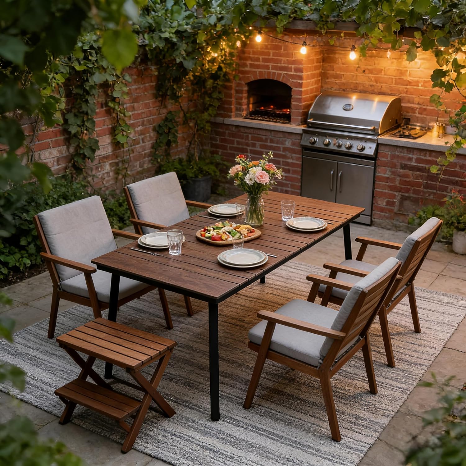 70 Inch Outdoor Patio Dining Table for 6 with Wood-Like Top & Umbrella Hole, Black All-Weather Deck & Backyard Table