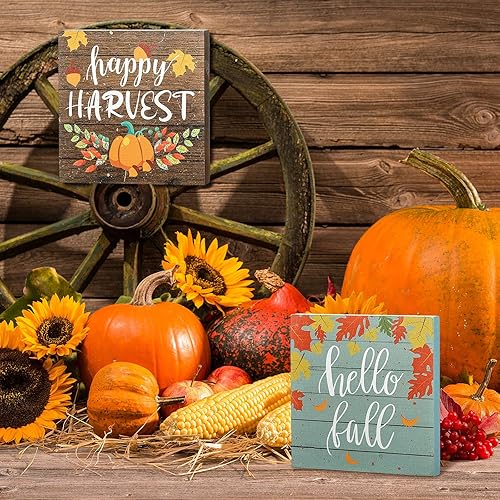 Miniatura 2 de Maitys 2 piezas de letrero de Acción de Gracias con texto en inglés "Happy Harvest", diseño de calabazas, bloque de madera rústico, centro de mesa