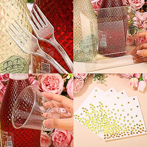 Miniatura 3 de Nosiny Juego de 400 platos cuadrados de plástico para 100 invitados con vasos de plástico con purpurina, tenedores, servilletas de papel de lunares,
