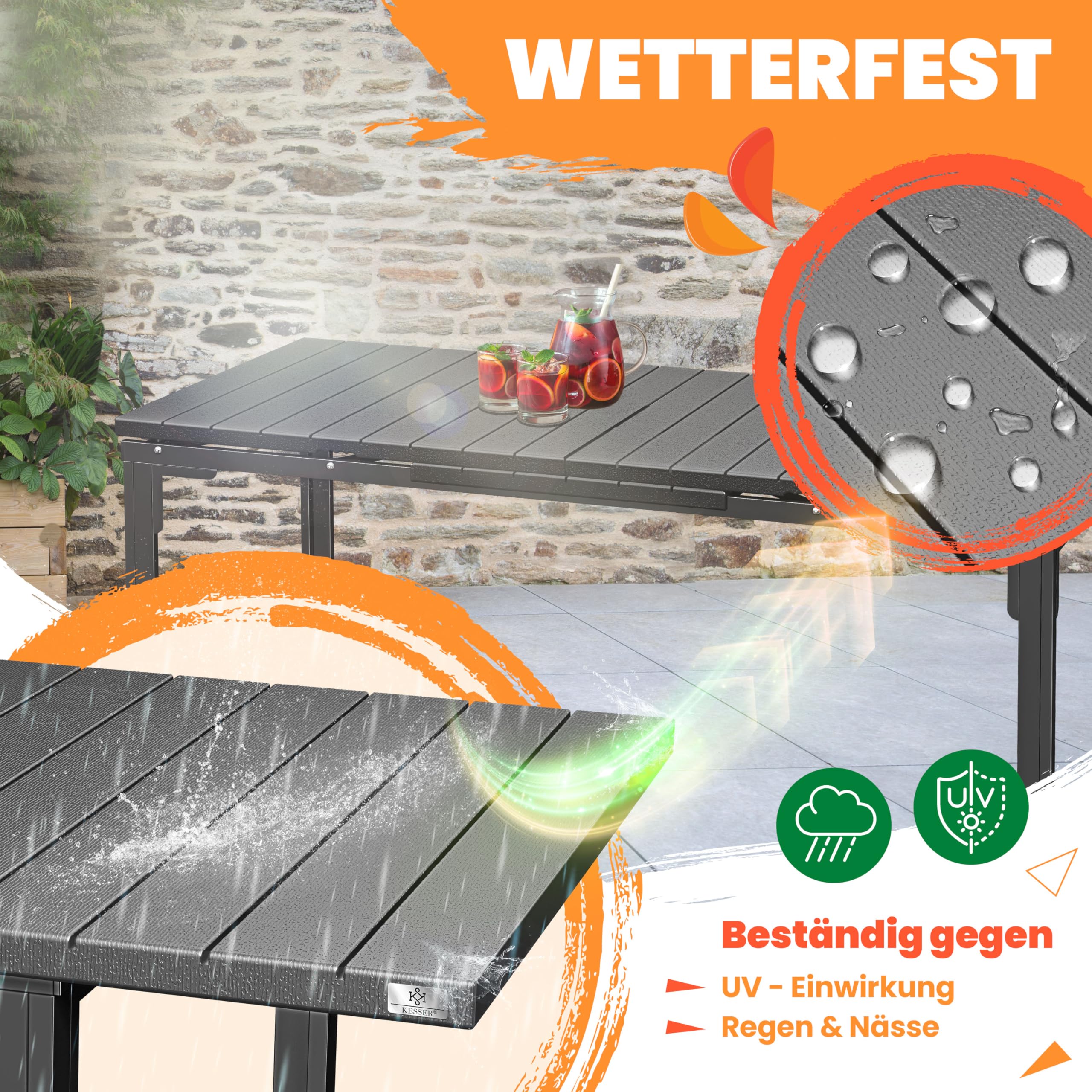 KESSER® Gartentisch ausziehbar Esstisch 180/240x90cm erweiterbar bis 8 Personen Ausziehtisch mit pulverbeschichtetem Stahl-Gestell & HDPE Tischplatte Wetterfest & UV-Beständig inkl. 6 Filz-Untersetzer
