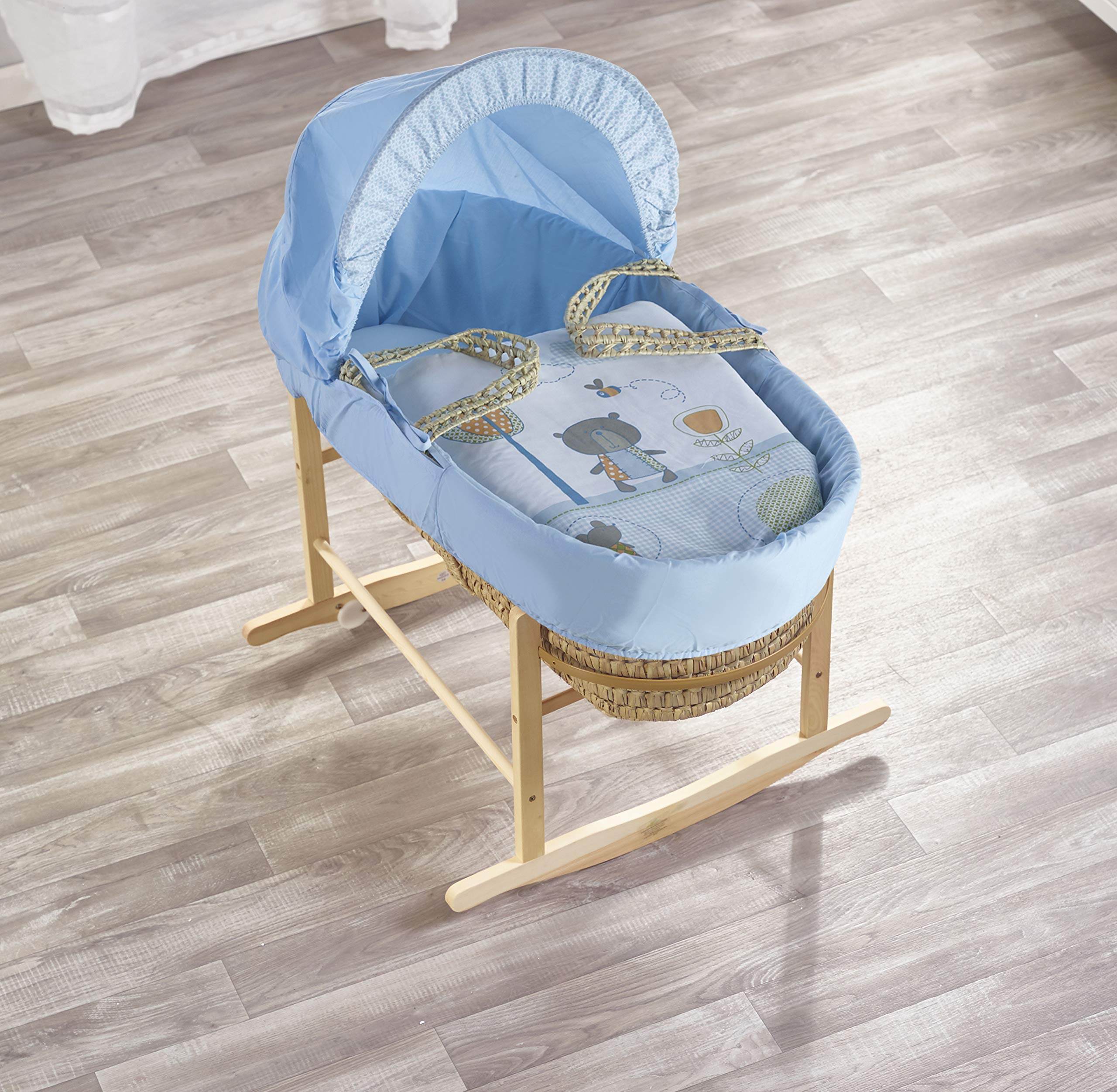 ELEGANT BABY Beary Nice Blue Palm Moses Basket with Chester Rocking Stand Natural, Adjustable Hood, Fibre Mattress & Padded Liner