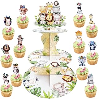 3-Tier Cupcake Stand with 24 Wild One Cupcake Toppers for Safari Baby Shower Decoration