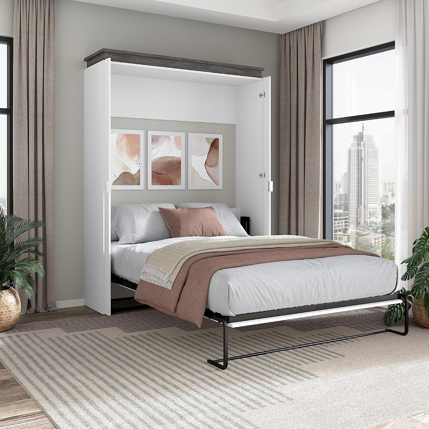 Bestar Orion 67W Queen Murphy Bed in White and Walnut Grey, Sleeping Arrangement for Multipurpose Room